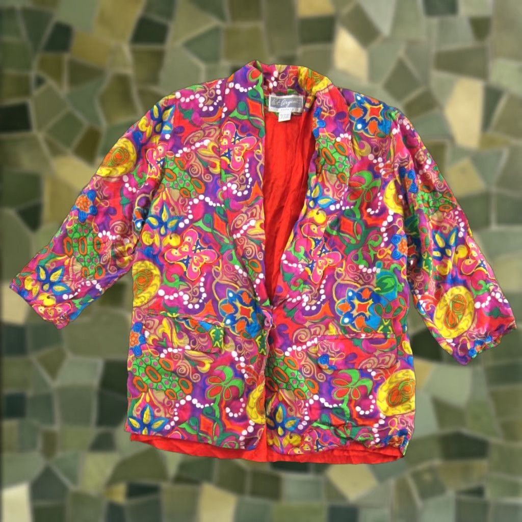 Vintage VTG 80's Pat Argenti 100% Silk Blazer Jacket L Pink Abstract Pocket Blazer Jacket Womens Vintage 80s 90s Size L / US 10 / IT 46 - 1 Thumbnail