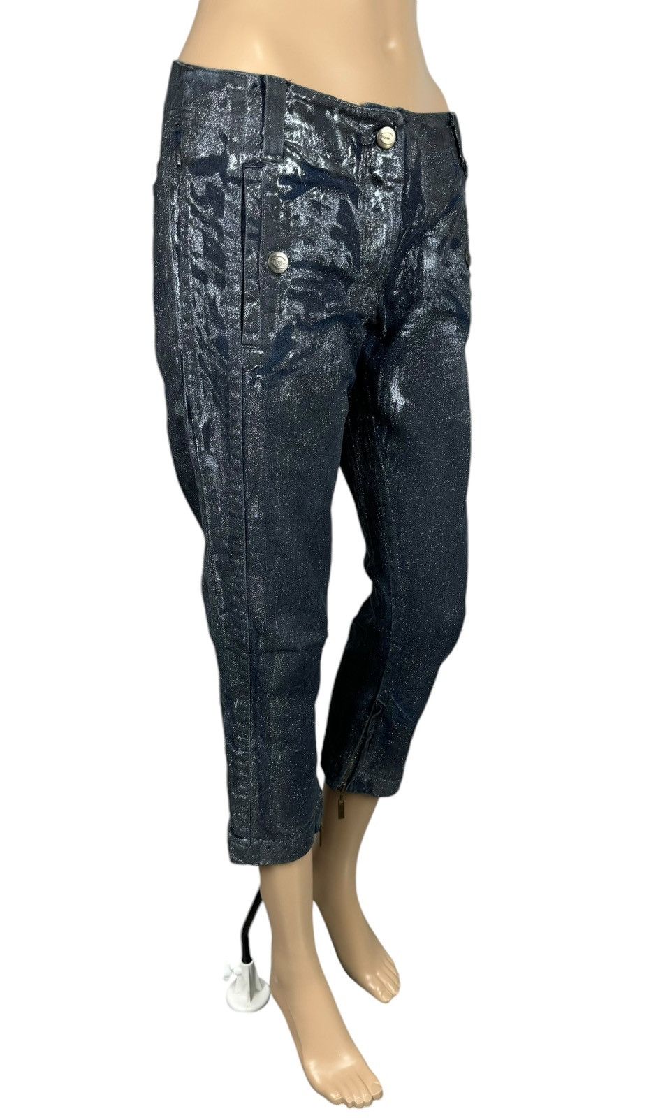 Just Cavalli × Vintage Just Cavalli Waxed Glitter Jeans Cropped Ankle Zip size 28 Size 28" / US 6 / IT 42 - 5 Thumbnail