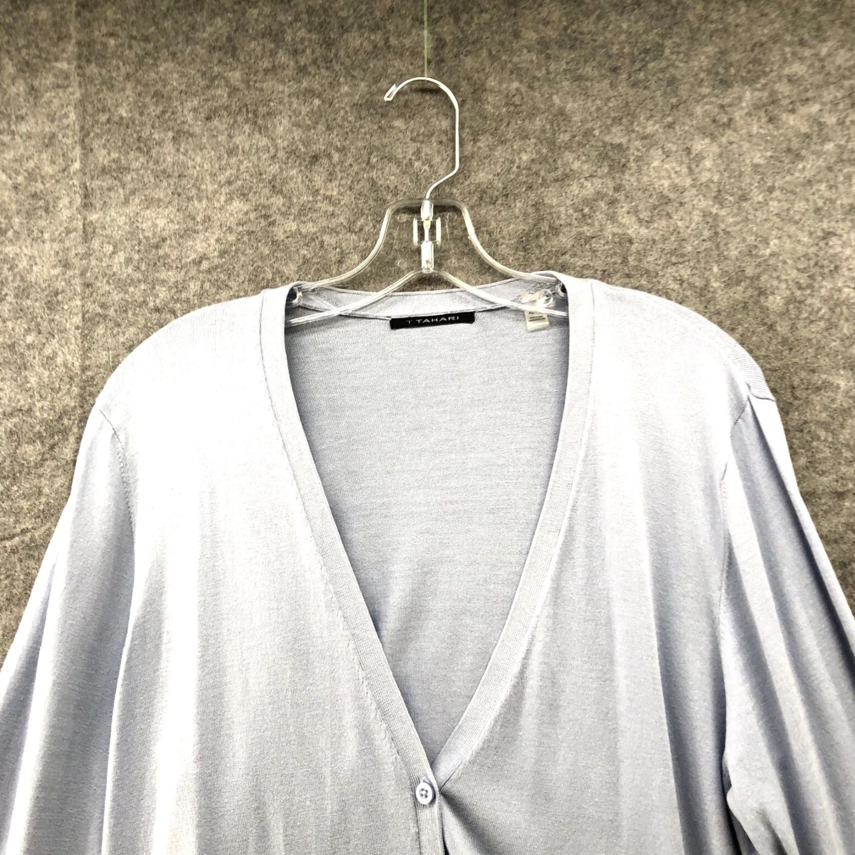 Vintage T Tahari Cardigan Womens XL Blue Button Front Flare Sleeve Stretch V-Neck Dusty Blue Size XL / US 12-14 / IT 48-50 - 3 Thumbnail