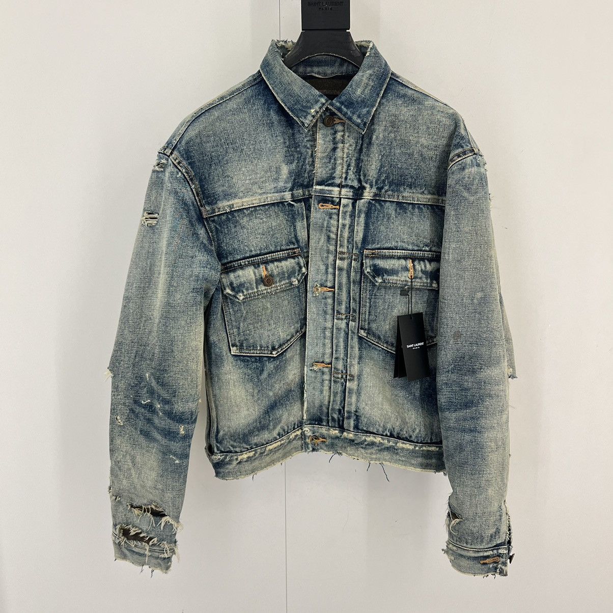 image of Anthony Vaccarello x Saint Laurent Paris Saint Laurent Destroyed Denim Jacket In Small, Men's