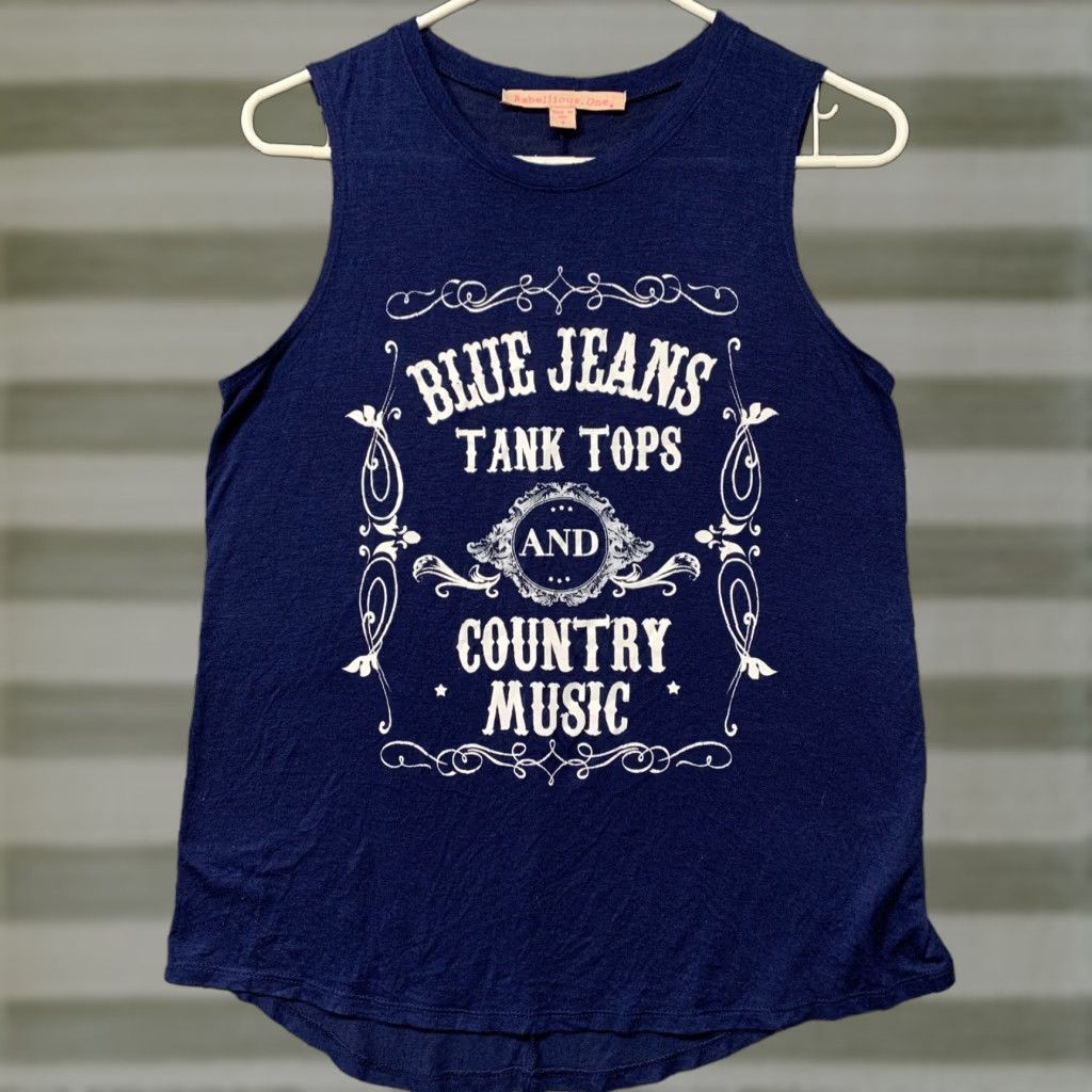 Vintage VINTAGE Rebellious One Tank Top Women’s Size Small Blue White Graphic Rounded Hem Shirt Womens Tank Top Size S / US 4 / IT 40 - 1 Thumbnail
