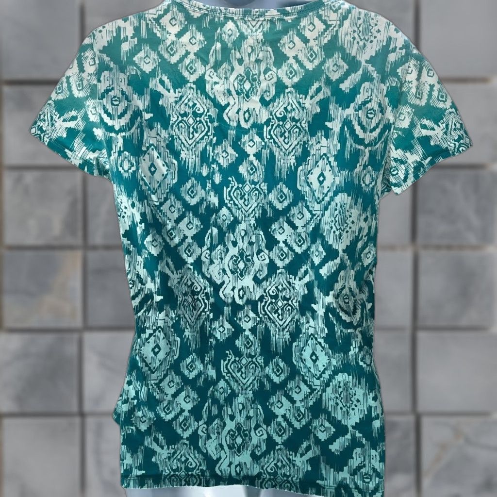 Style & Co Style & Co Blouse Women M Green White Short Sleeves Stretch Cotton Boho Shirt Casual Mens? Mansfield Size M / US 6-8 / IT 42-44 - 1 Thumbnail