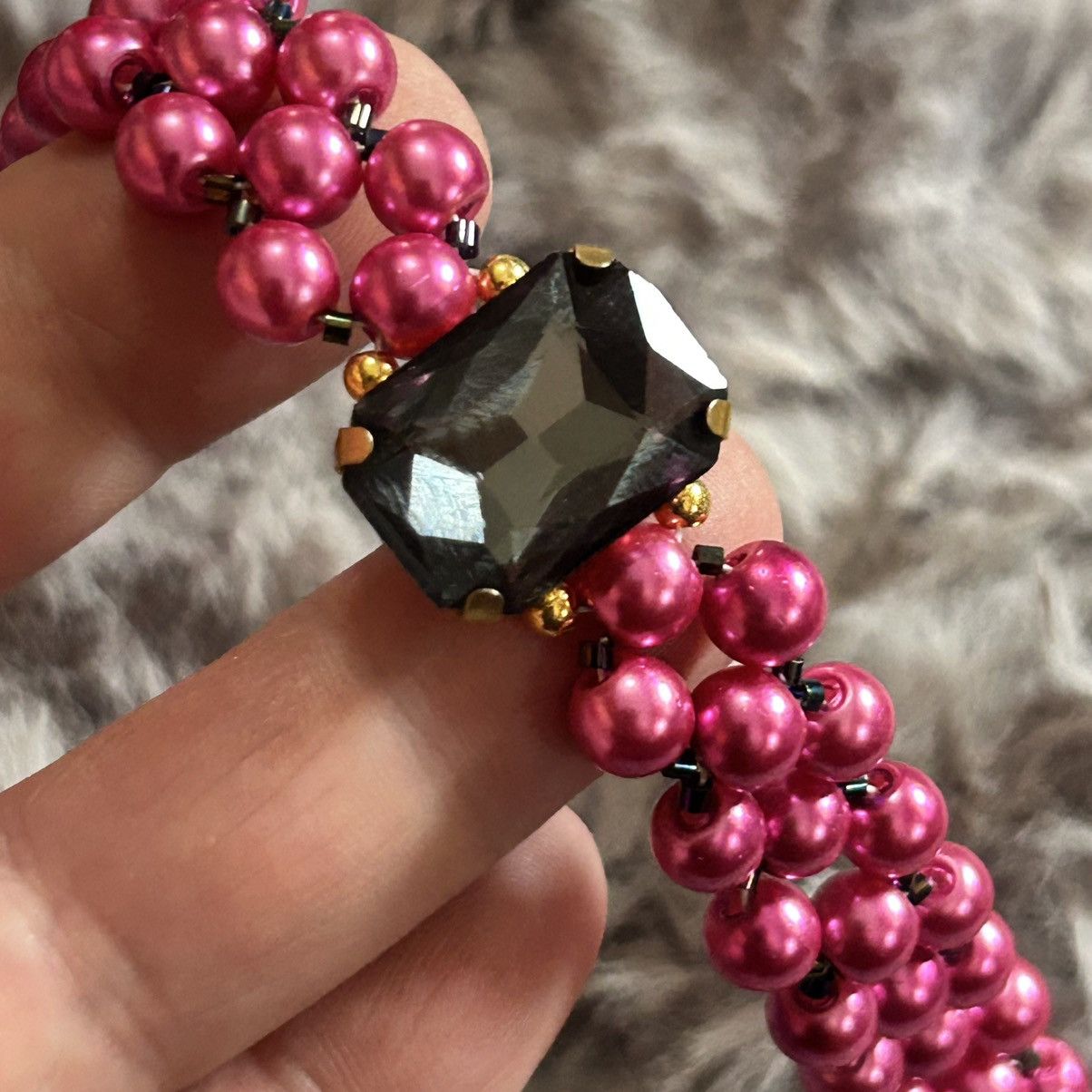 Handmade Handcrafted fuchsia pink Czech glass pearl rainbow bracelet Size ONE SIZE - 3 Thumbnail