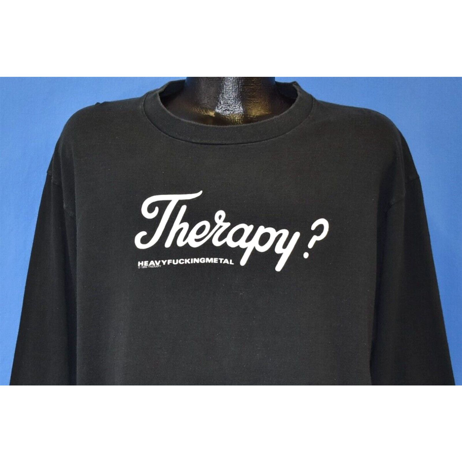 image of Vintage 90's Therapy ? Heavy F @ing Metal Irony Question Mark Rock Long sleeve T-Shirt L in White (