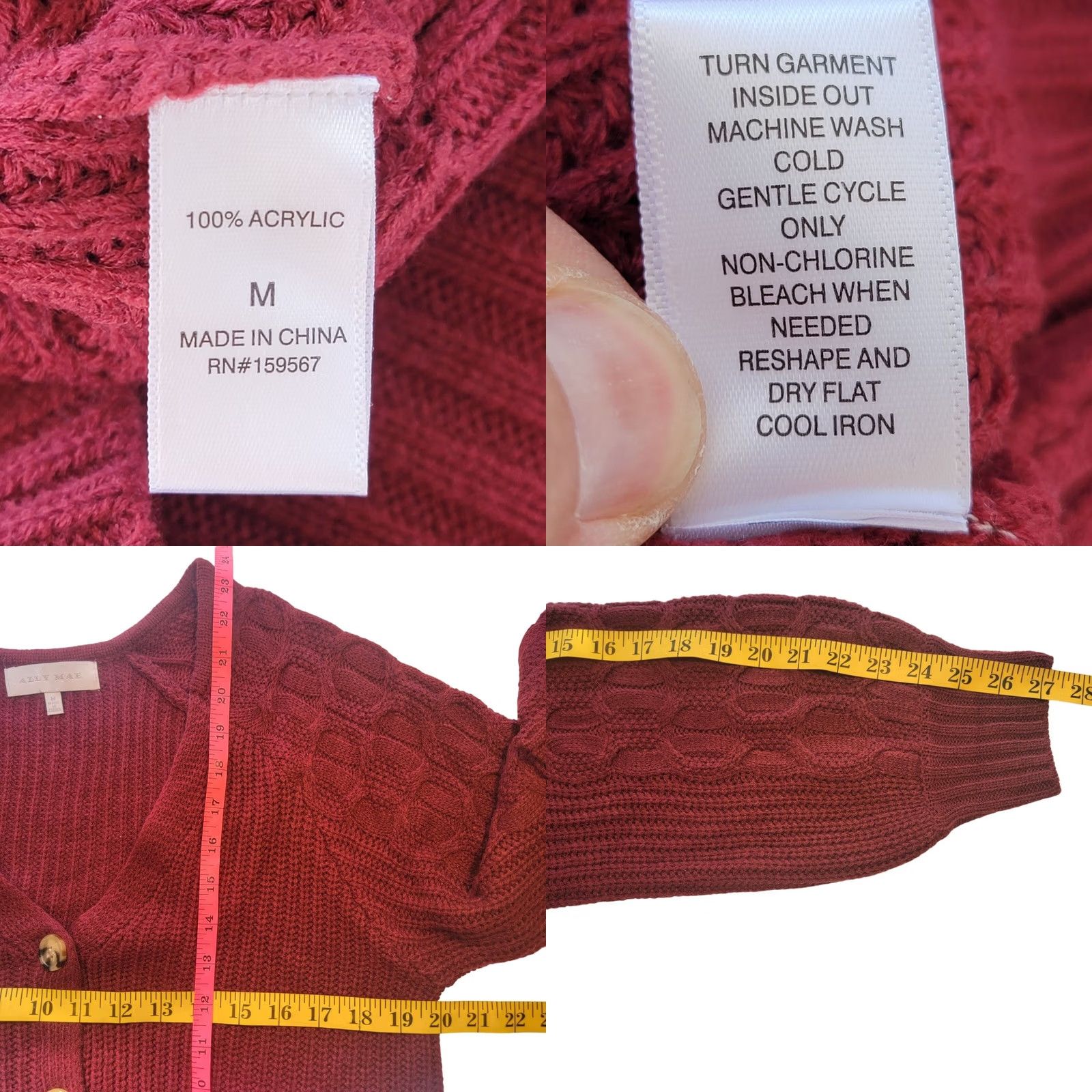 Vintage Ally Mae Cable Knit Cardigan Sweater Women M Burnt Red Lantern Sleeve Buttons Size M / US 6-8 / IT 42-44 - 8 Thumbnail