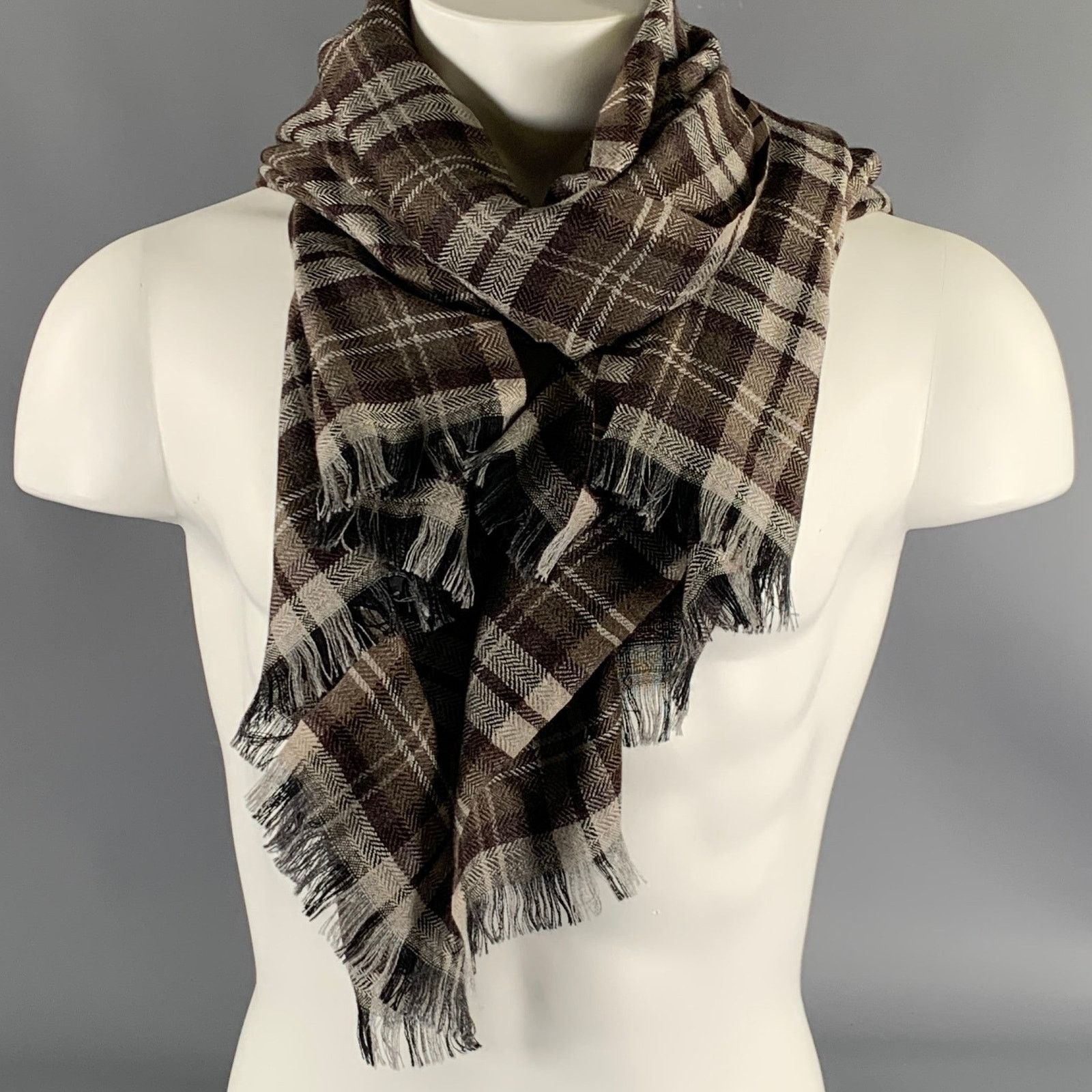 Tom Ford TOM FORD Brown Grey Plaid Cashmere / Silk Scarves Size ONE SIZE - 1 Thumbnail