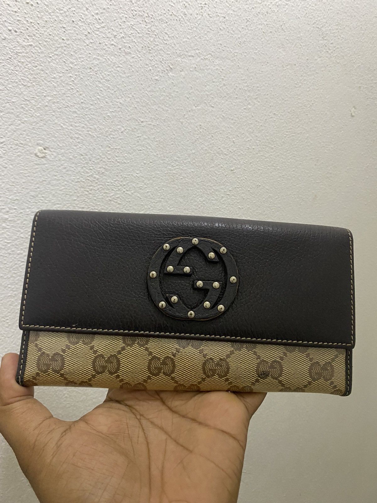 Gucci Gucci Beige/Brown GG Stud Canvas And Leather Flap Wallet Size ONE SIZE - 1 Thumbnail