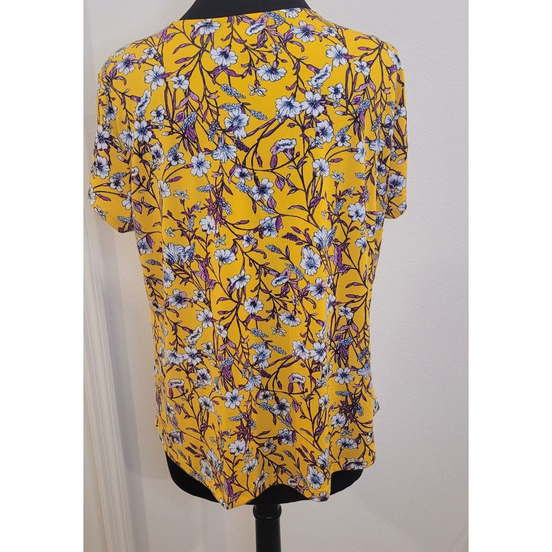 Liz Claiborne Liz Claiborne Yellow Floral Blouse XL Short Sleeve Top Size XL / US 12-14 / IT 48-50 - 2 Thumbnail