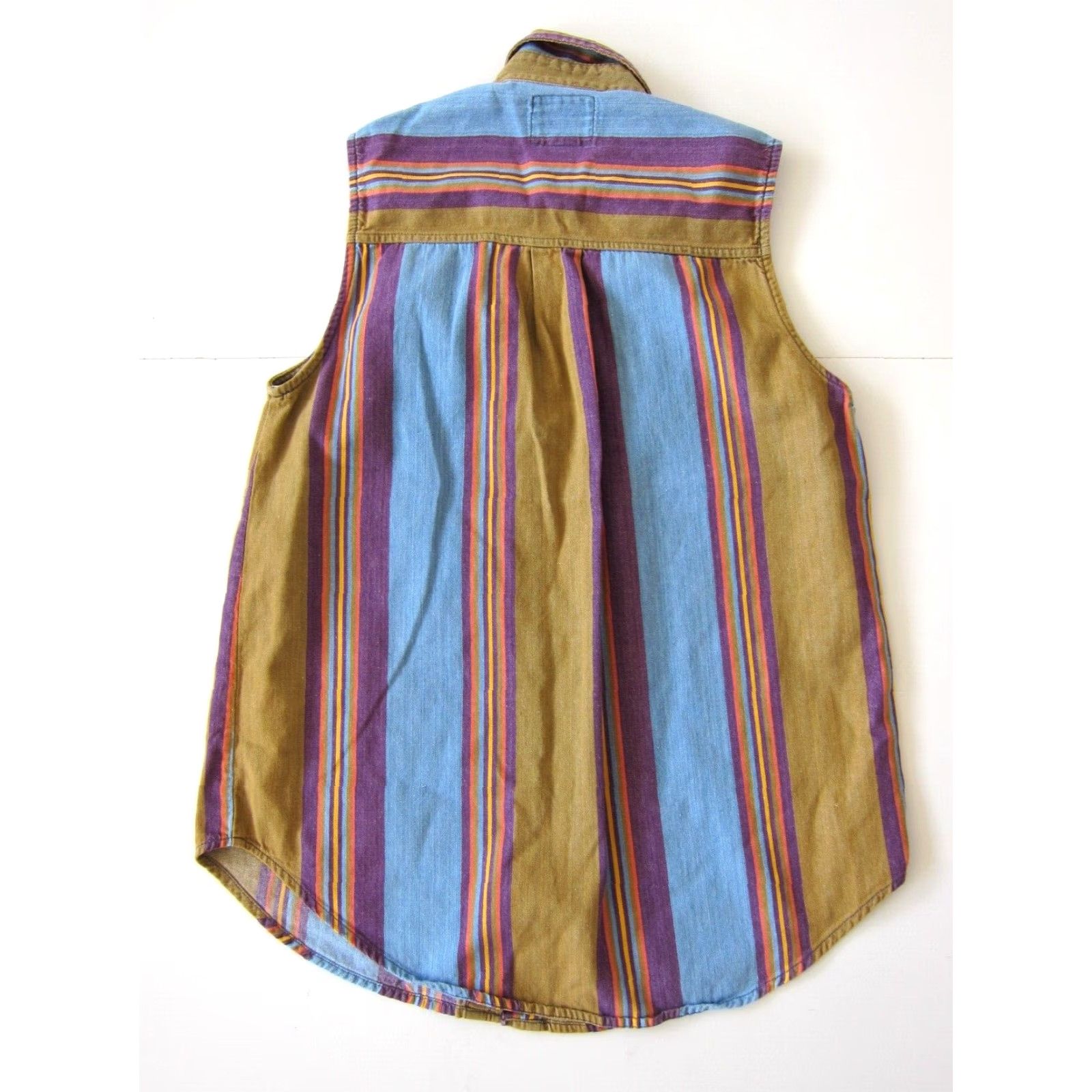 Vintage VINTAGE Solutions Blouse Shirt Women M Sleeveless Striped Cotton Blue Purple Brown Collared Button 40" Bust 27" Shoulder to Bottom Women Size M / US 6-8 / IT 42-44 - 2 Thumbnail