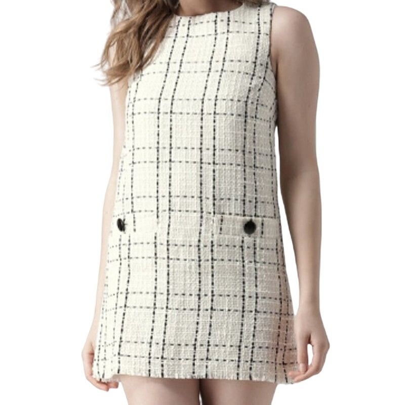 Forever 21 Tweed Shift Dress Checkered Plaid Pockets Cream M main image 4