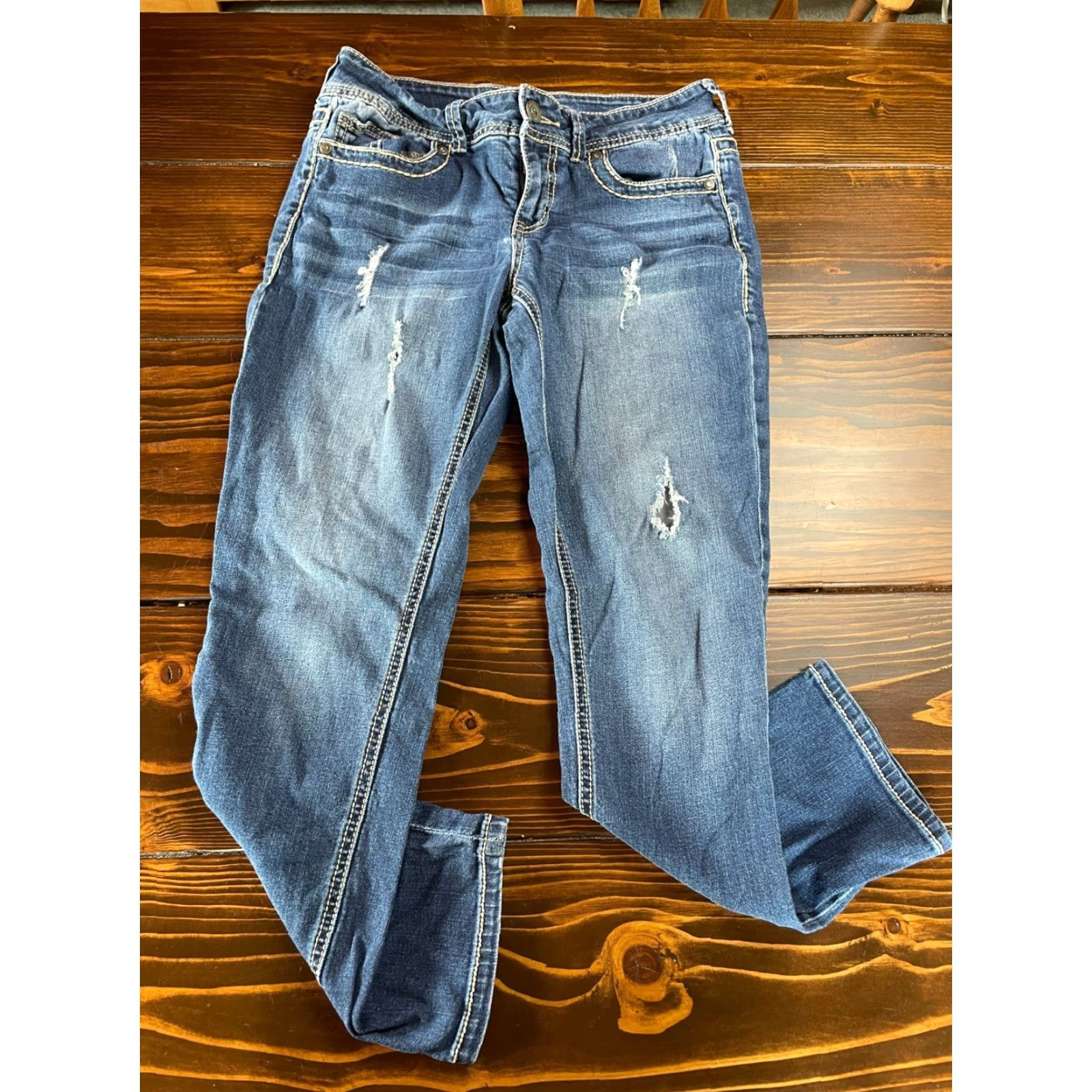 Vintage Maurices Jeans Women's Size 5/6 Blue Distressed Denim Pants Contrast Stitch Jeans Straight Pockets Womens Boys Girls Men? Size 30" / US 8 / IT 44 - 2 Thumbnail