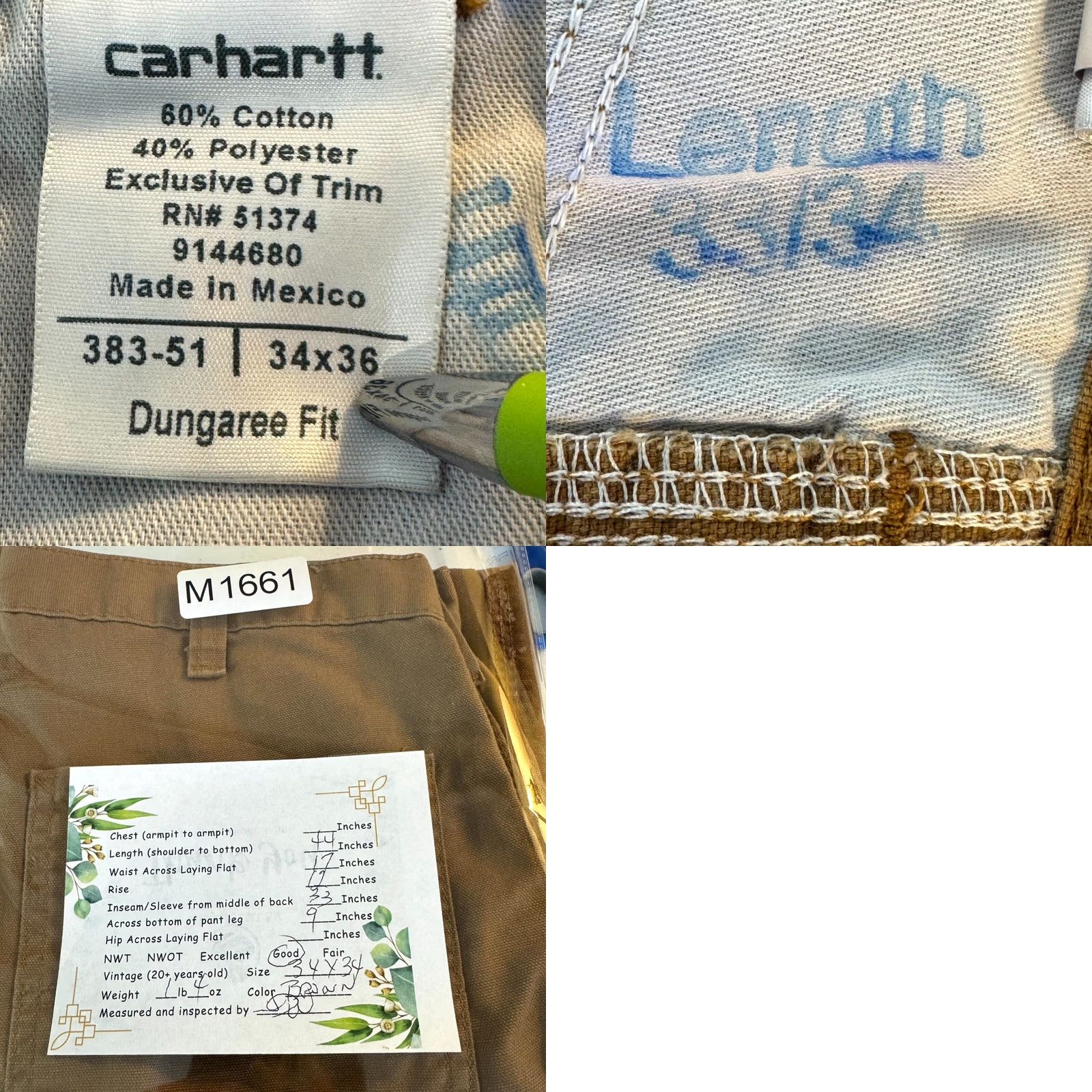 Carhartt Carhartt Carpenter Jeans Men’s 34 x 36 Brown Cotton Dungaree Fit Straight Leg Jeans Size US 34 / EU 50 - 9 Thumbnail