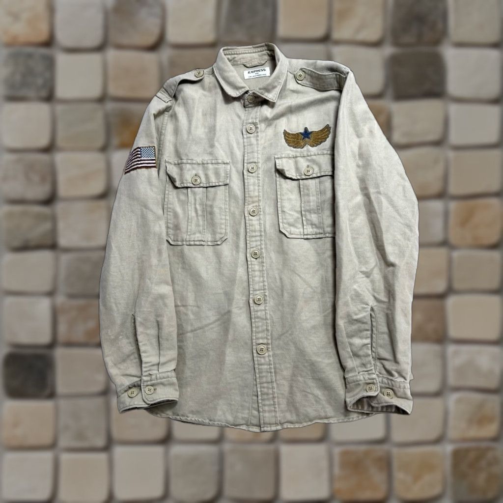 Express Express Military Shirt Mens M Beig e Linen 30th Division Eagle Embroidered Shirt Size US M / EU 48-50 / 2 - 1 Thumbnail