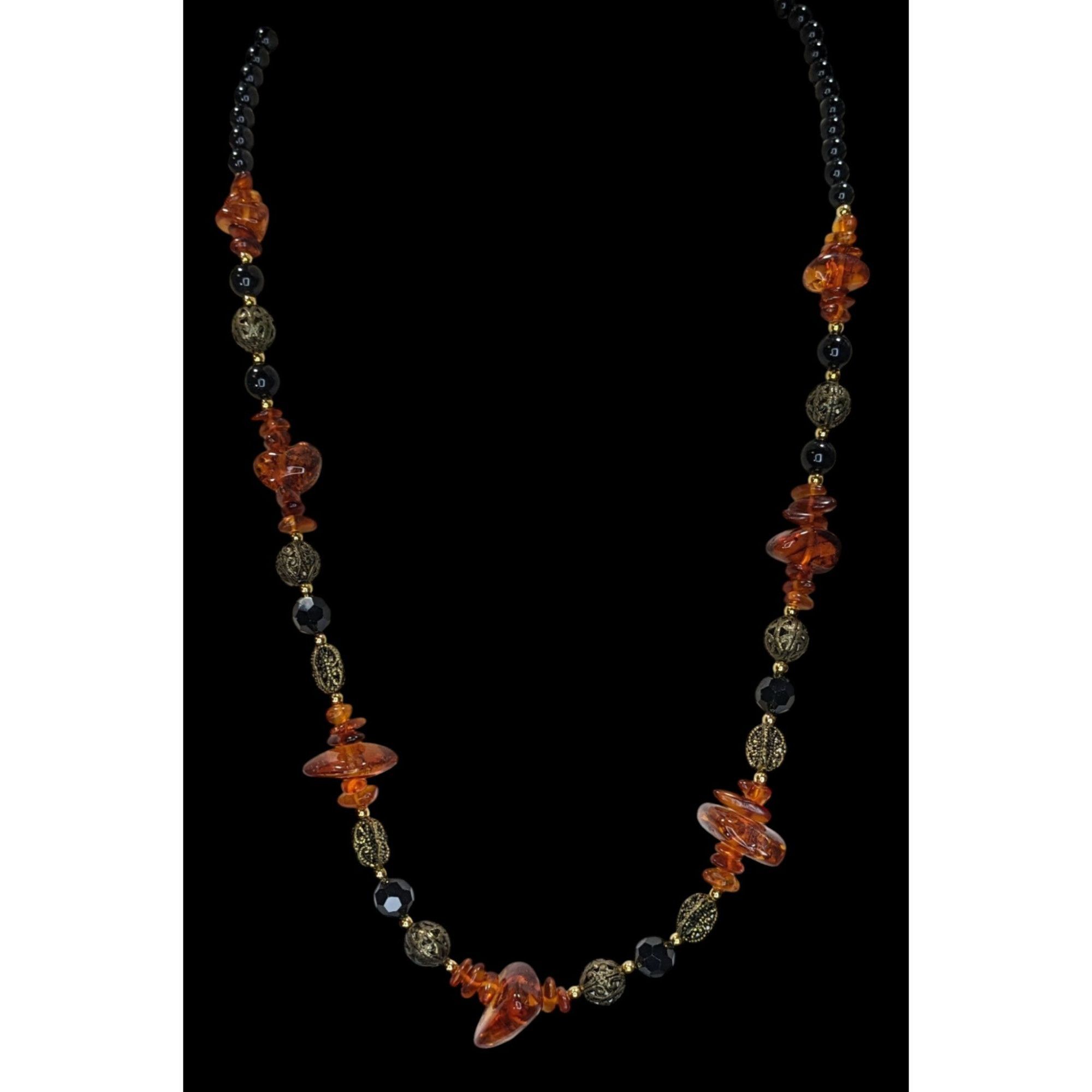 Other Vintage Amber And Onyx Beaded Necklace With Gold Tone And Bl Size ONE SIZE - 5 Thumbnail