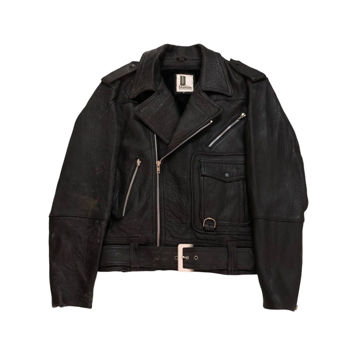 Japanese Brand 🔥VINTAGE BIKER LEATHER JACKET DOUBLE COLLAR U STATION Size US M / EU 48-50 / 2 - 1 Thumbnail