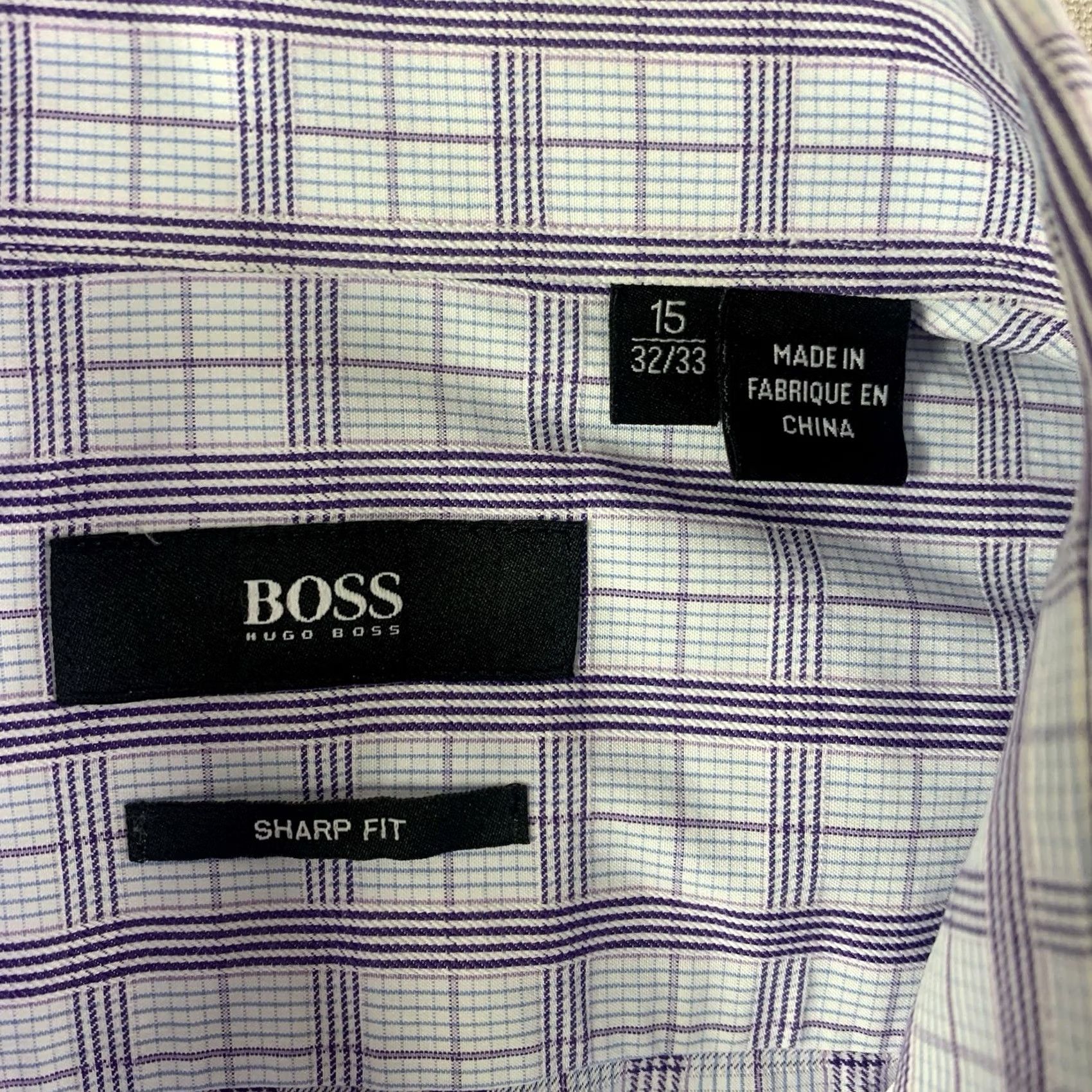 Hugo Boss HUGO BOSS Dress Shirt Men 15 32/33 Blue Plaid Collar Shirt Regular Long Sleeve Button Cuff Size 40R - 3 Thumbnail