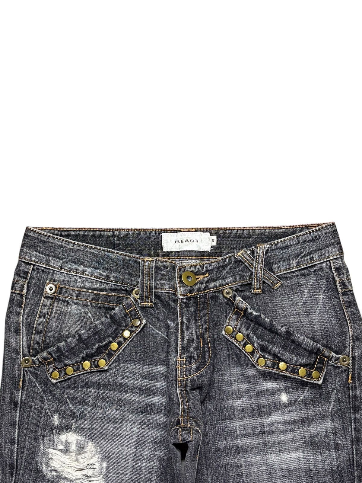 Japanese Brand × Seditionaries Vintage Japanese Brand Faded Wash Studded Ripped Flare Jeans Size 31" - 4 Thumbnail