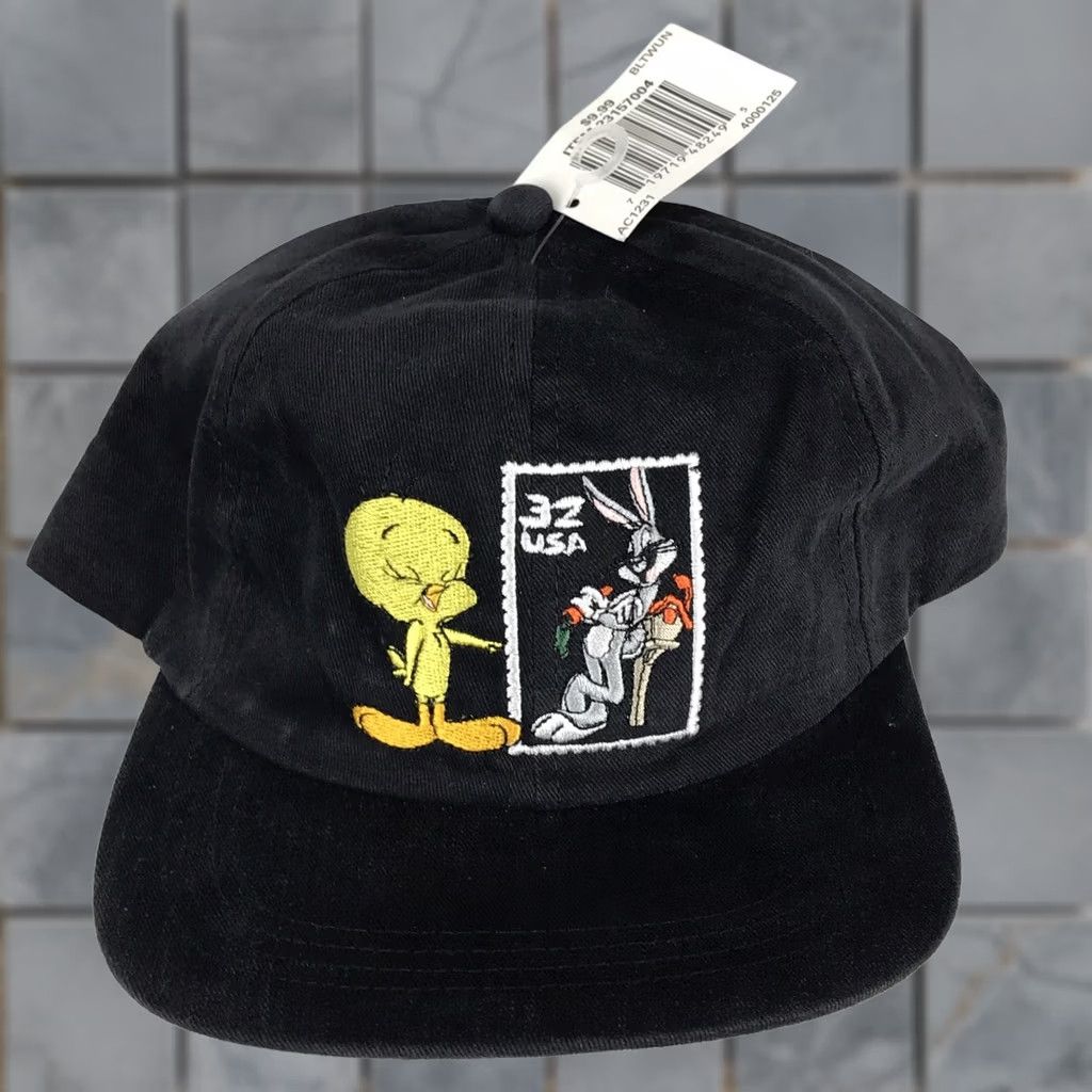 Vintage VINTAGE Warner Bros. Snapback Hat 1997 Looney Tunes Tweety & Bugs Bunny Adjustable Black Unisex Adults 90s 80s Cartoon Stamp Size ONE SIZE - 1 Thumbnail