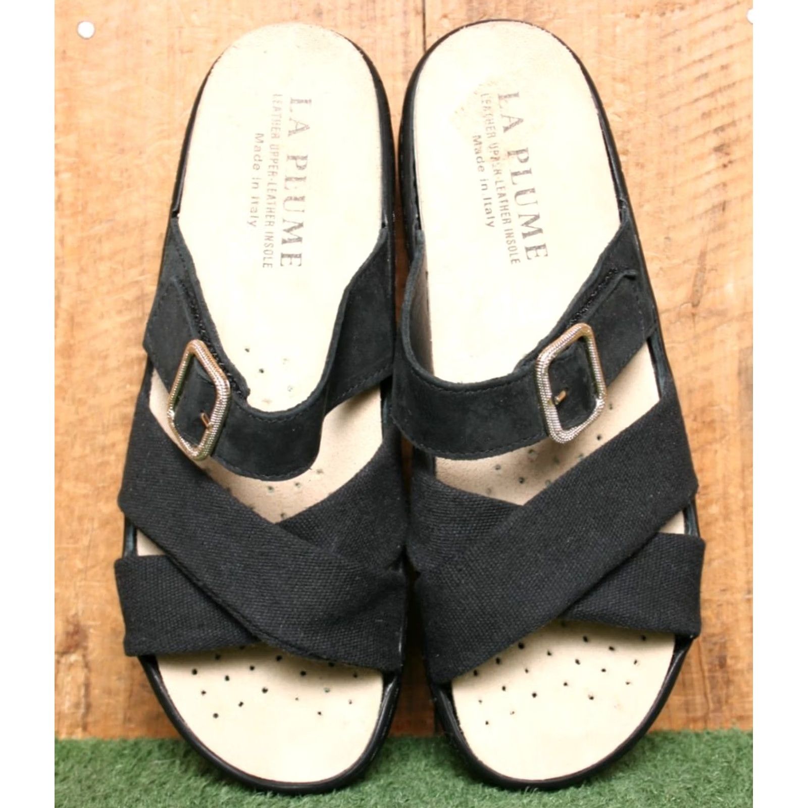Vintage LA PLUME Slide Sandals Women Nubuck Canvas Black 8-8.5 EUR 39 Made in Italy Removable Insoles Size US 8.5 / IT 38.5 - 4 Thumbnail