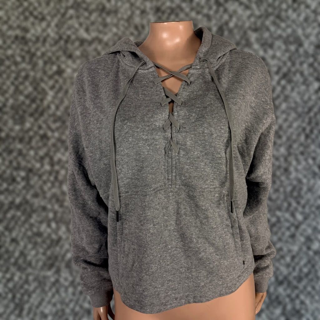 Prana prAna Cozy up Illana Women's Sweatshirt Small Cotton Crop Hoodie Hooded Lace Up V-Neck Gray S Women's Clothing Sweatshirt Size S / US 4 / IT 40 - 1 Thumbnail