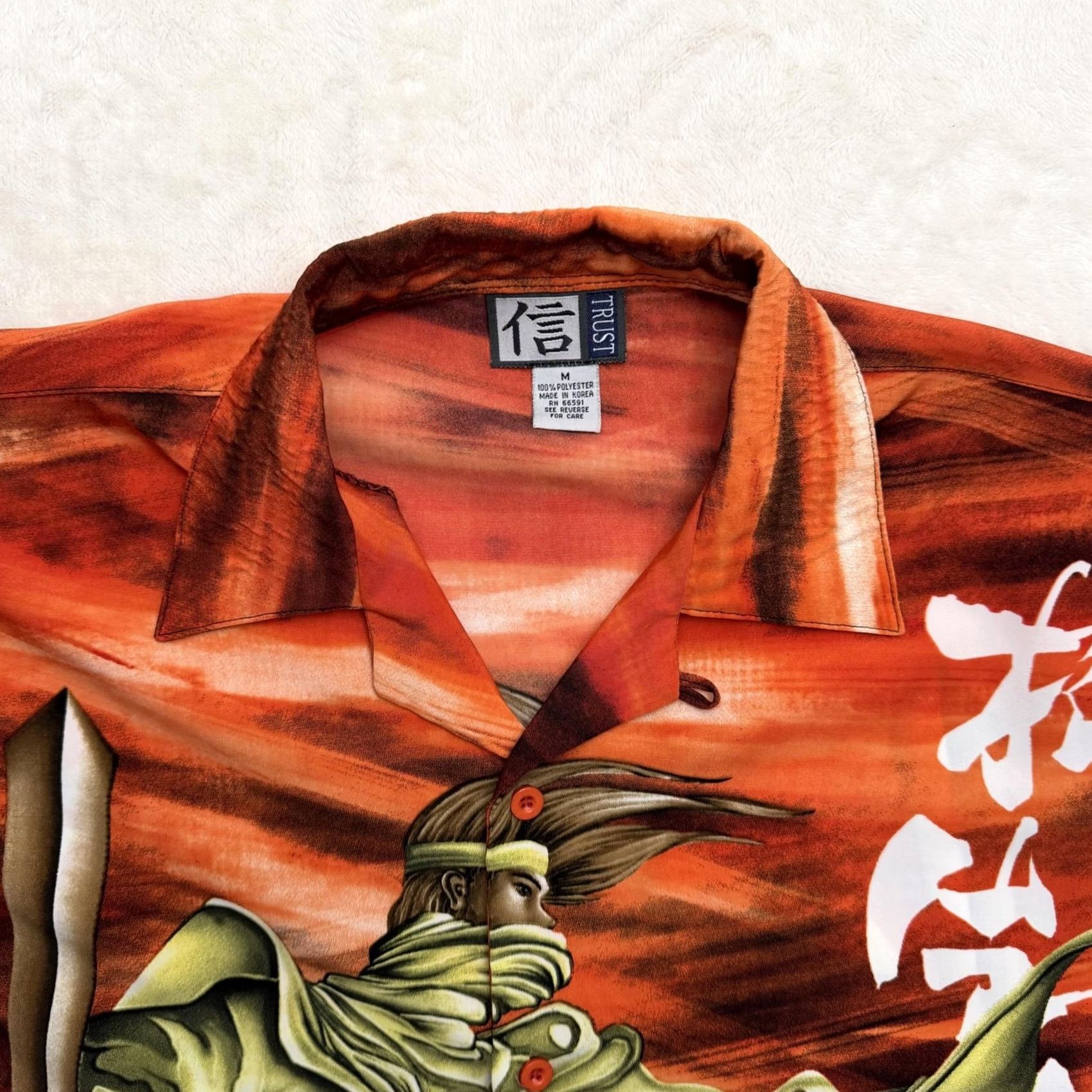 Vintage Trust Samurai Warrior Shirt Mens M Orange Hawaiian Button Up Graphic Print Short Sleeve News Y2K Lounge Casual Mens Size US M / EU 48-50 / 2 - 2 Thumbnail