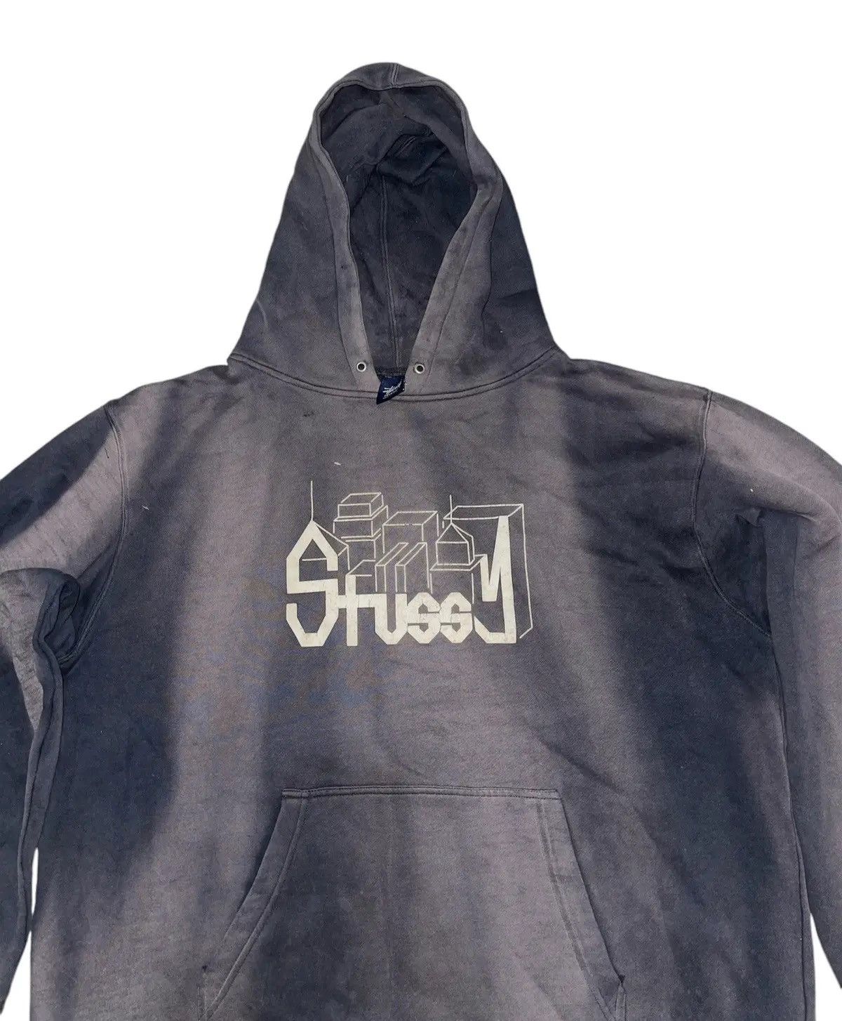 Stussy Vintage Stüssy "Skyline" Logo Hoodie SunFaded Black Thrashed Size US XL / EU 56 / 4 - 3 Thumbnail