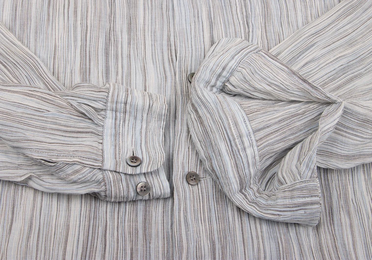 Issey Miyake Linen Striped Open Collar Shirt in Light Blue, Black, White Size US L / EU 52-54 / 3 - 9 Thumbnail