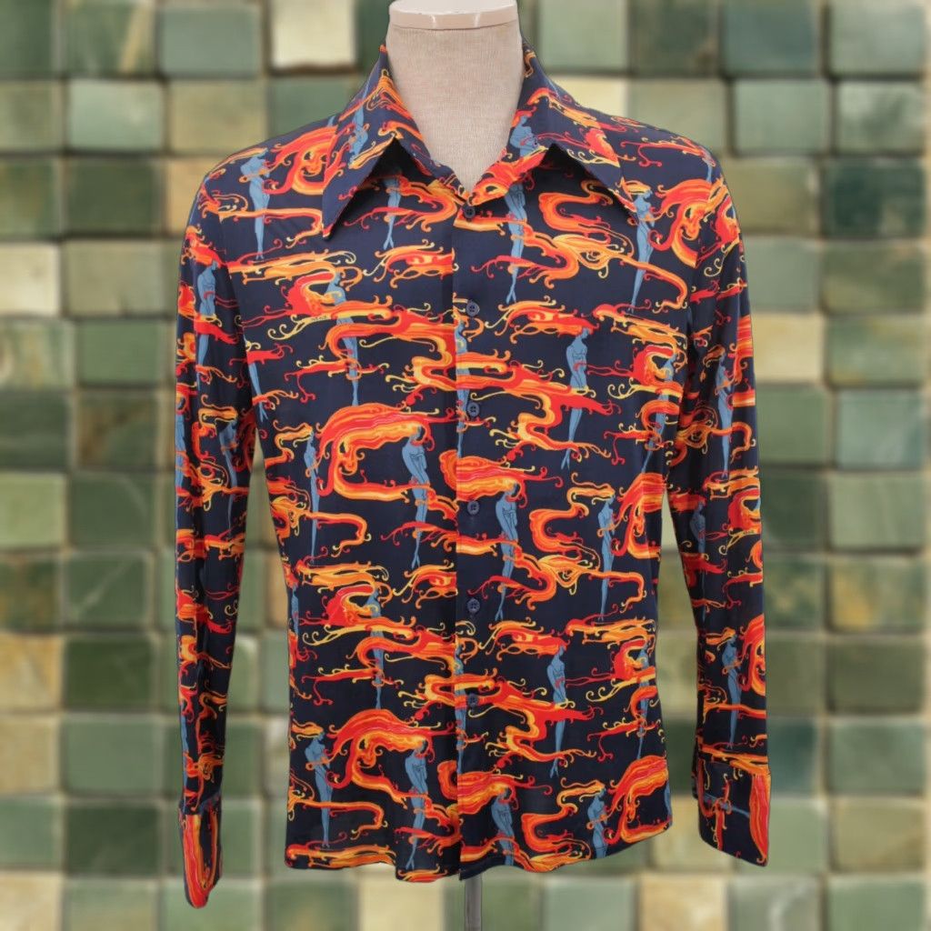 Vintage VINTAGE Nik-Nik Shirt 70s Mens Polyester Print Flame Erte Woman Sz M Blue Disco 1970s Size US M / EU 48-50 / 2 - 1 Thumbnail