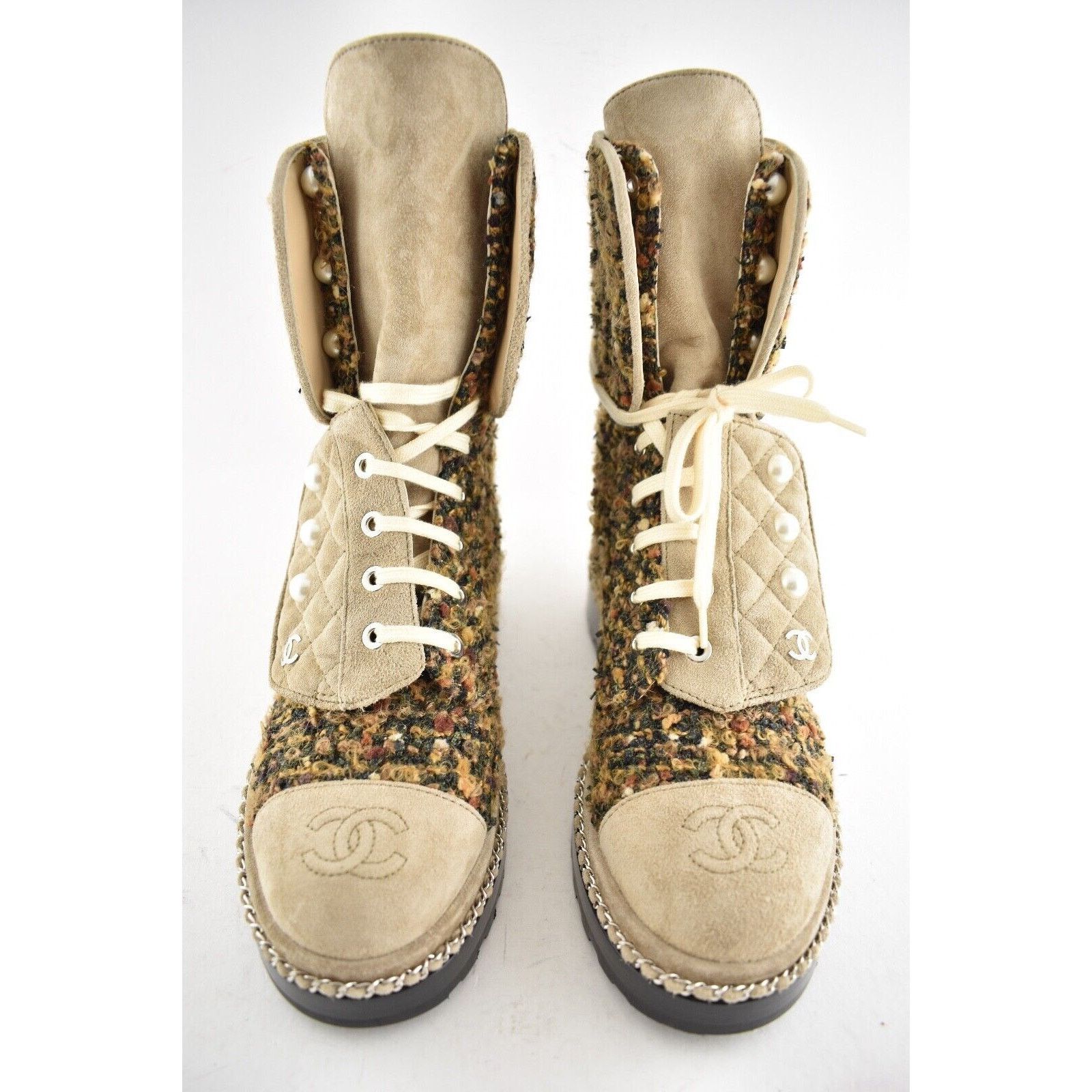Chanel Chanel 18K Citizen Brown Beige Green Tweed CC Chain Pearl Size US 4.5 / IT 34.5 - 8 Thumbnail