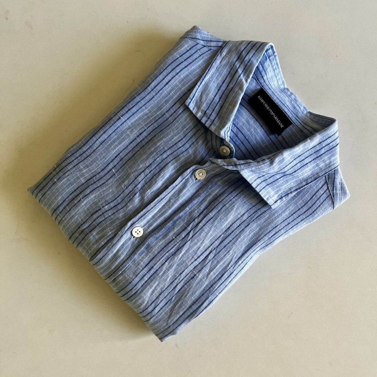 Emporio Armani EMPORIO ARMANI 100% Linen Striped Shirt Blue Size S Size US S / EU 44-46 / 1 - 1 Thumbnail