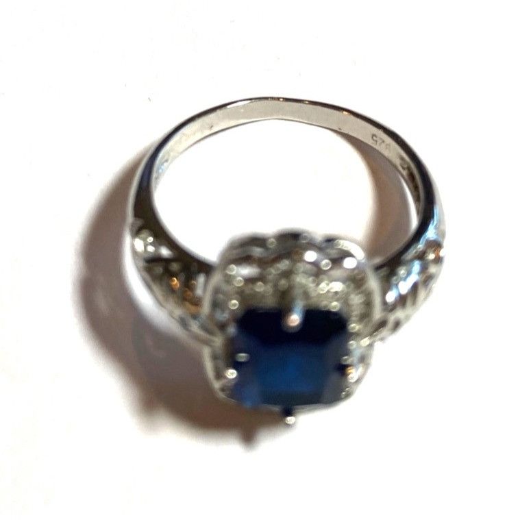 Other Silver tone Ring W/Rectangular Tested Sapphire Stone & Cryst Size ONE SIZE - 10 Thumbnail