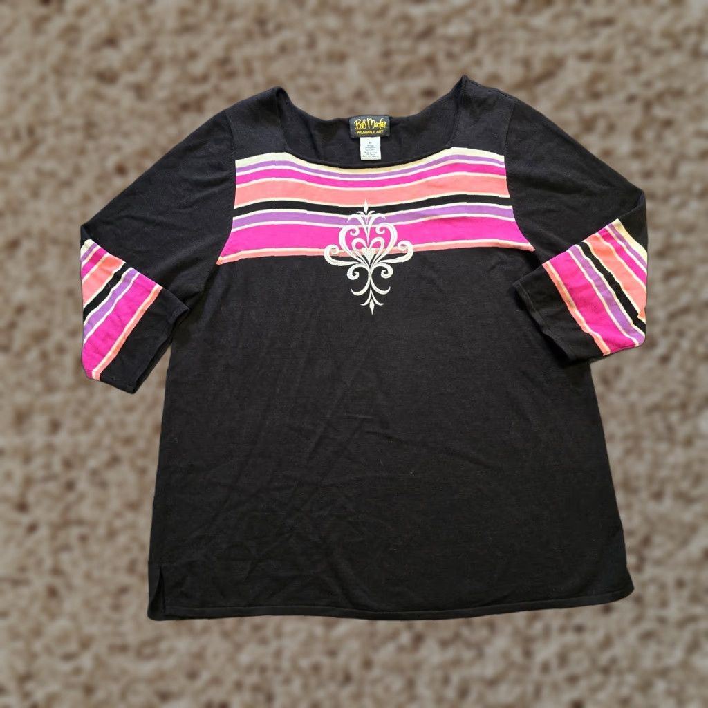 Bob Mackie Bob Mackie Sweater Womens 1X Black Silk Blend Pink Embroidery Casual Knit Pullover Round Neck 3/4 Sleeve Lightweight Vintage No? Size XL / US 12-14 / IT 48-50 - 1 Thumbnail