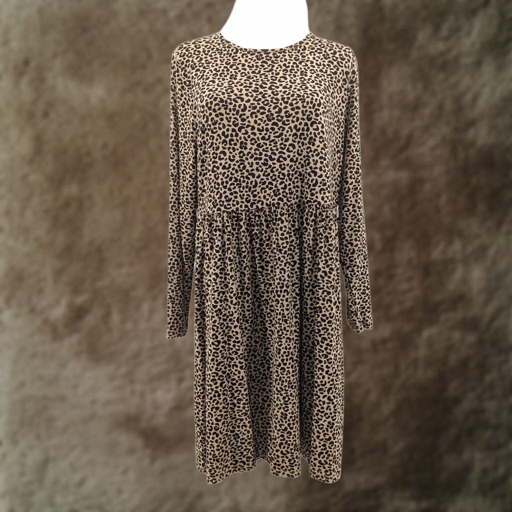 Old Navy Old Navy Leopard Print Midi Dress Long Sleeve Jersey Knit Tiered Dress – Size L – Beige Womens Knit T-Shirt Dress Size L / US 10 / IT 46 - 1 Thumbnail