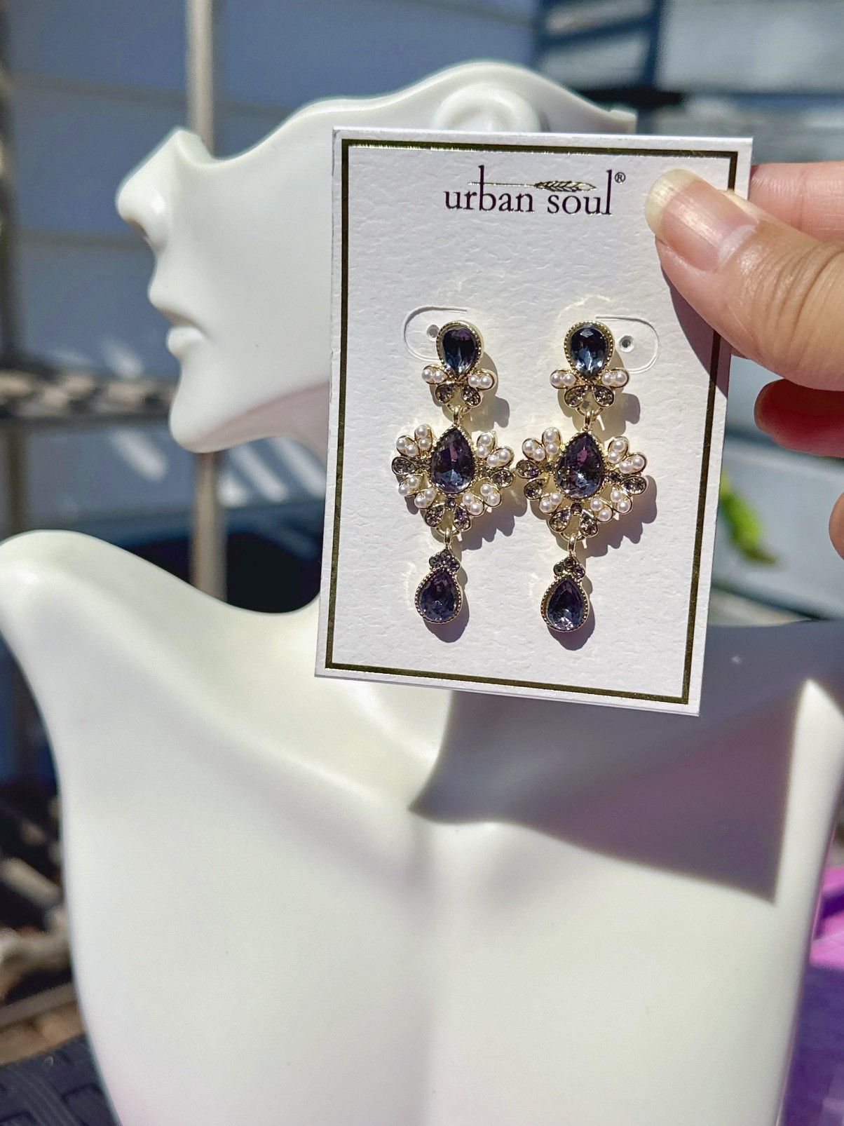 Designer Urban soul earrings gold tone gray crystals white beads drop Size ONE SIZE - 1 Thumbnail