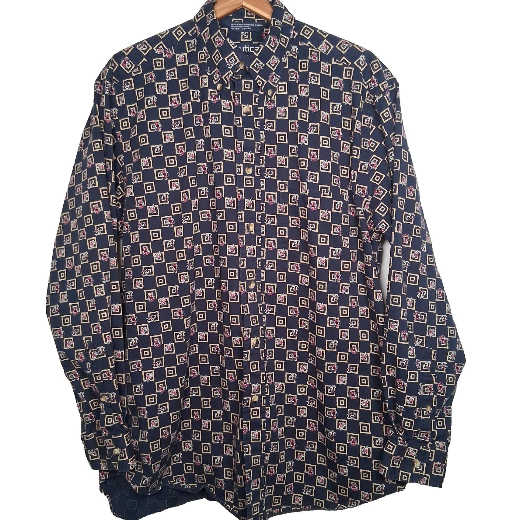 Nautica VINTAGE Nautica Button-Down Shirt Geometric Pattern, Blue, Cotton, Long Sleeve, Mens M, 1990s, Nautical Sailboat Theme Size US M / EU 48-50 / 2 - 3 Thumbnail