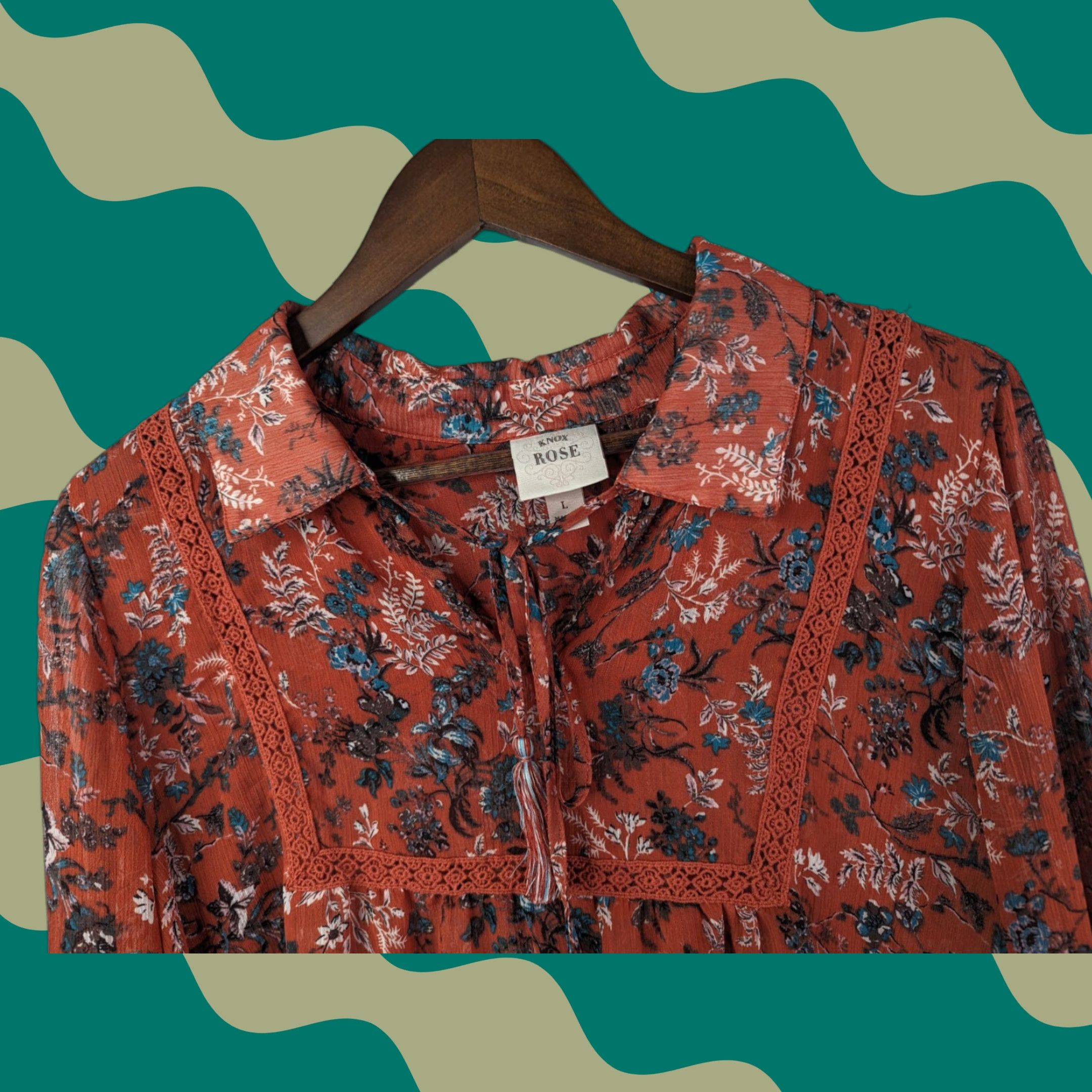 Vintage Knox Rose Blouse Terracotta Floral Sheer Long Bell Sleeve V Neck Tassel Women's L Size L / US 10 / IT 46 - 1 Thumbnail
