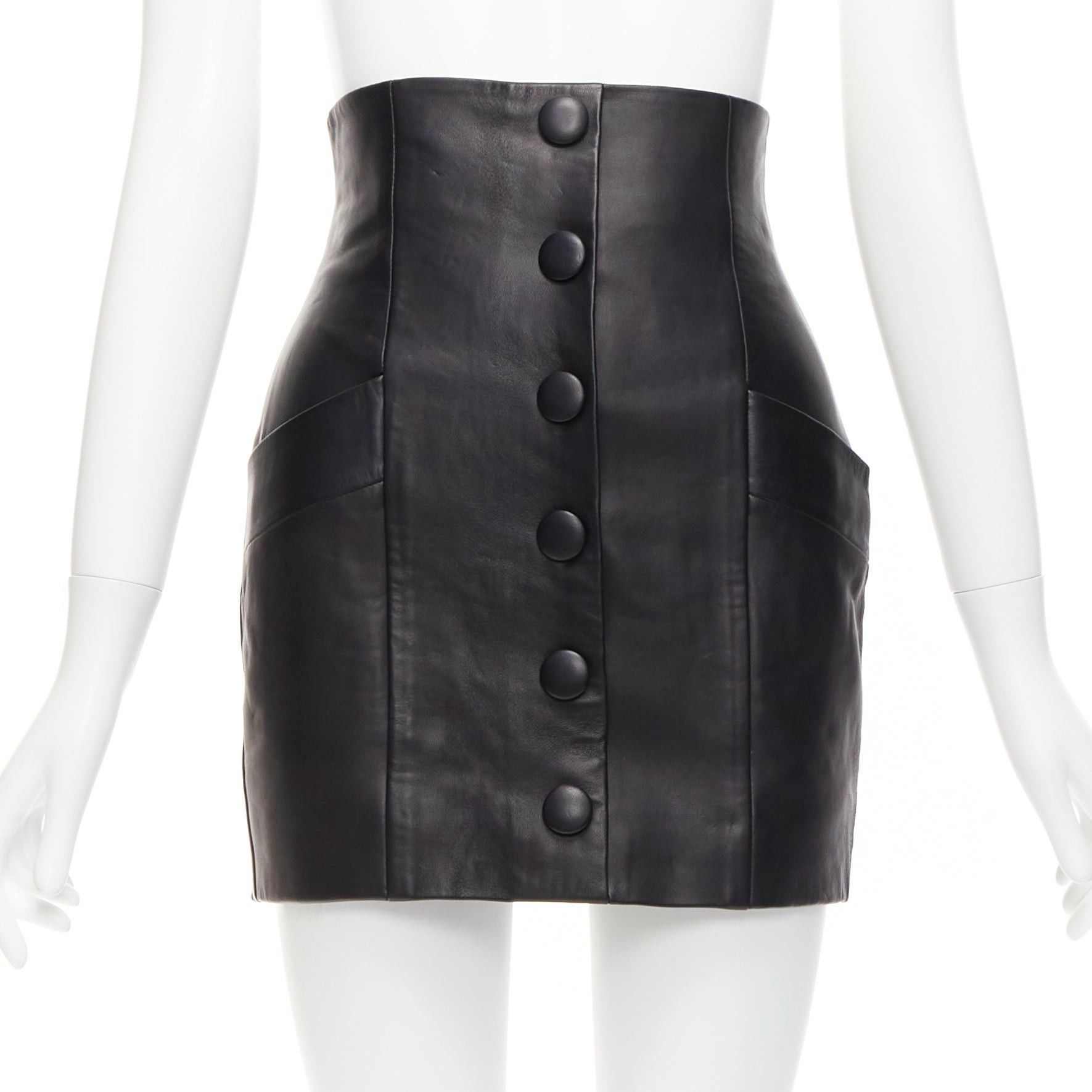 image of Balmain Black Lambskin Leather Button Front High Waisted Mini Skirt Fr34 Xs, Women's (Size 26)