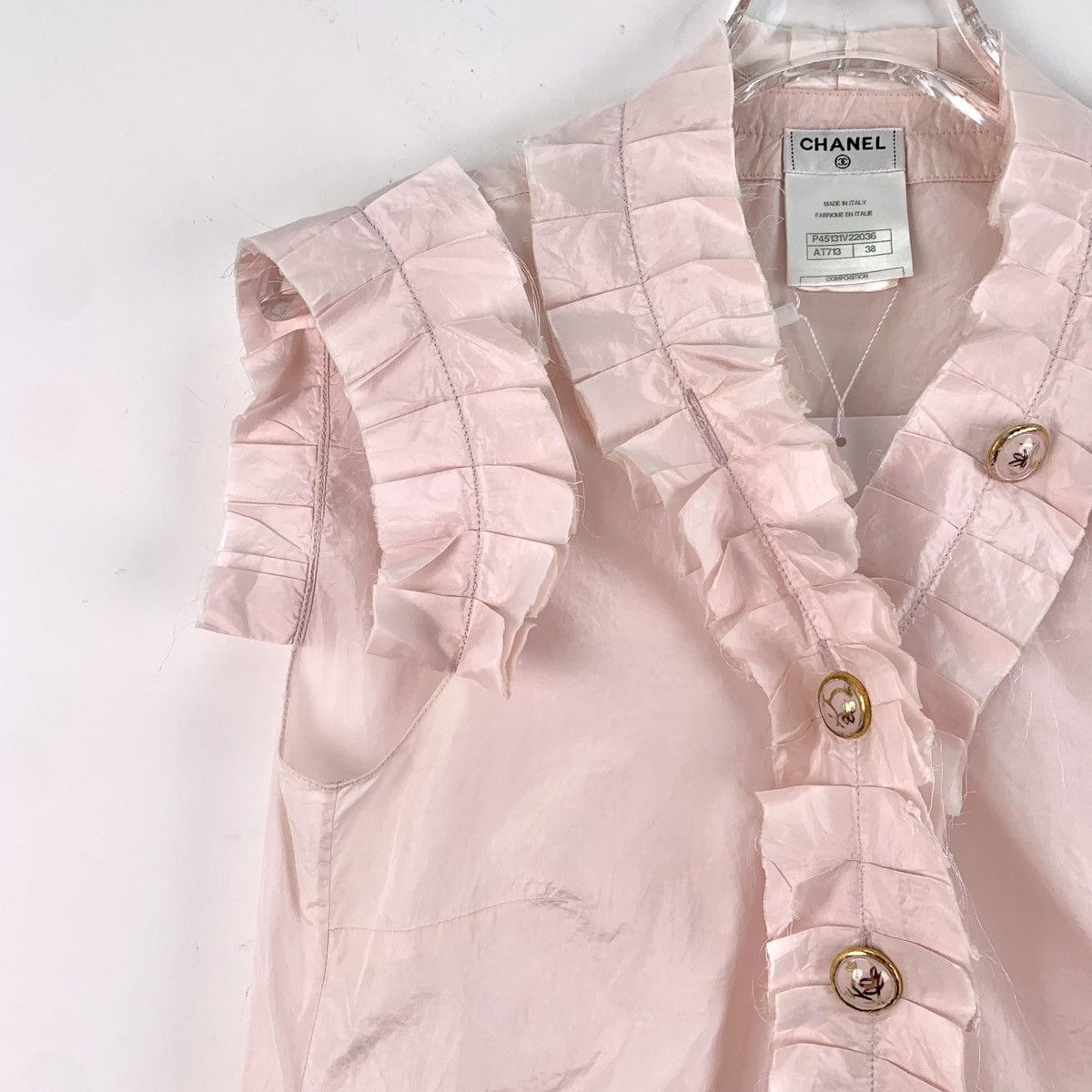 Chanel Chanel Pink Silk Ruffled Trim Sleeveless Blouse K26WX Size XS / US 0-2 / IT 36-38 - 3 Thumbnail