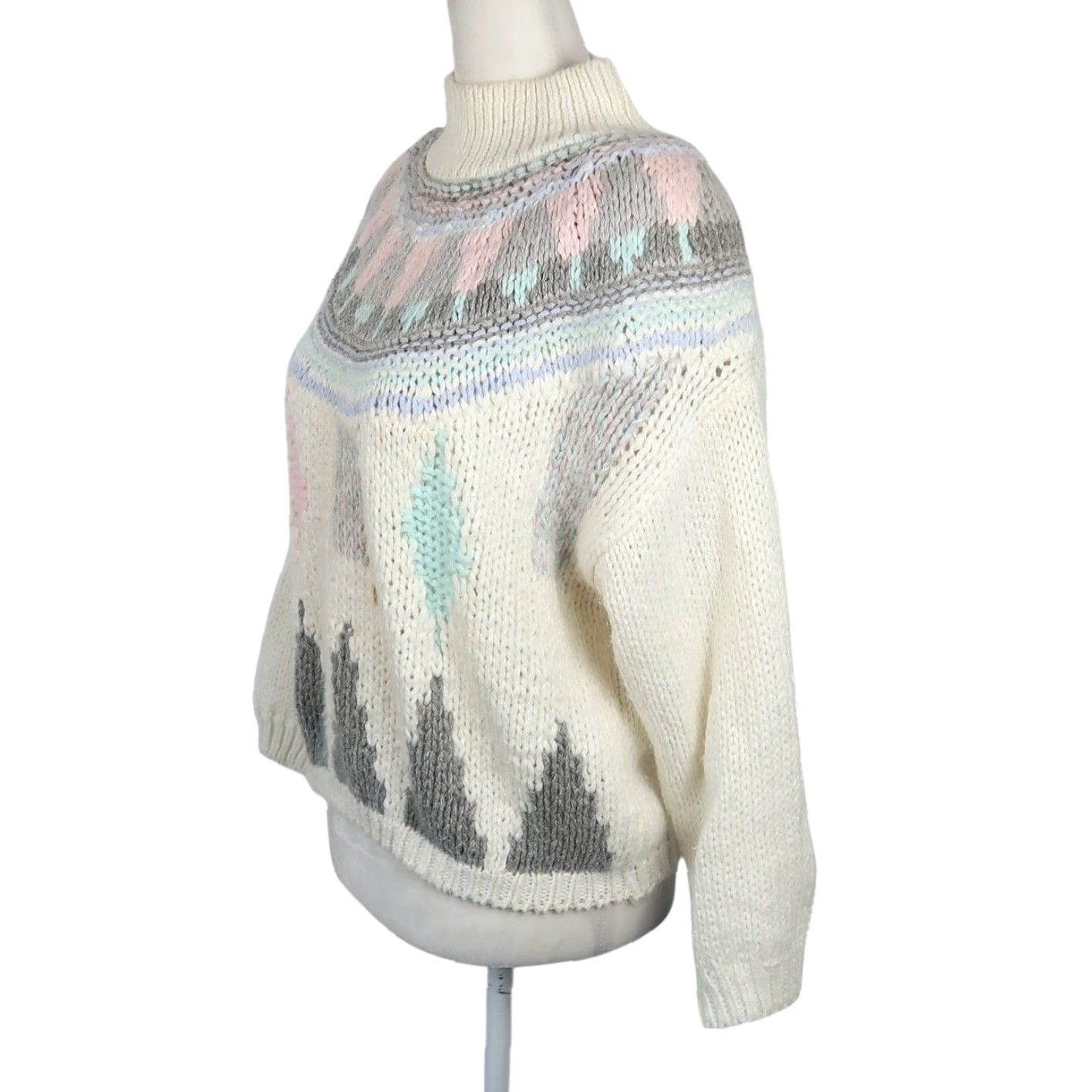 Vintage VINTAGE Jamie Scott Cream Geometric Handknit Sweater S Woman Pullover Mock Neck Fair Isle 80s 90s Casual Long Sleeve Knits Size S / US 4 / IT 40 - 3 Thumbnail