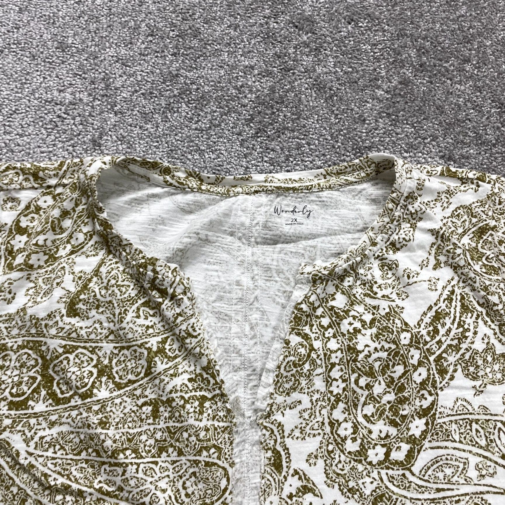 Vintage Wonderly Blouse Women 2XL Green Paisley Cotton Short Sleeve V-Neck Casual Size XXL / US 16-18 / IT 52-54 - 4 Thumbnail