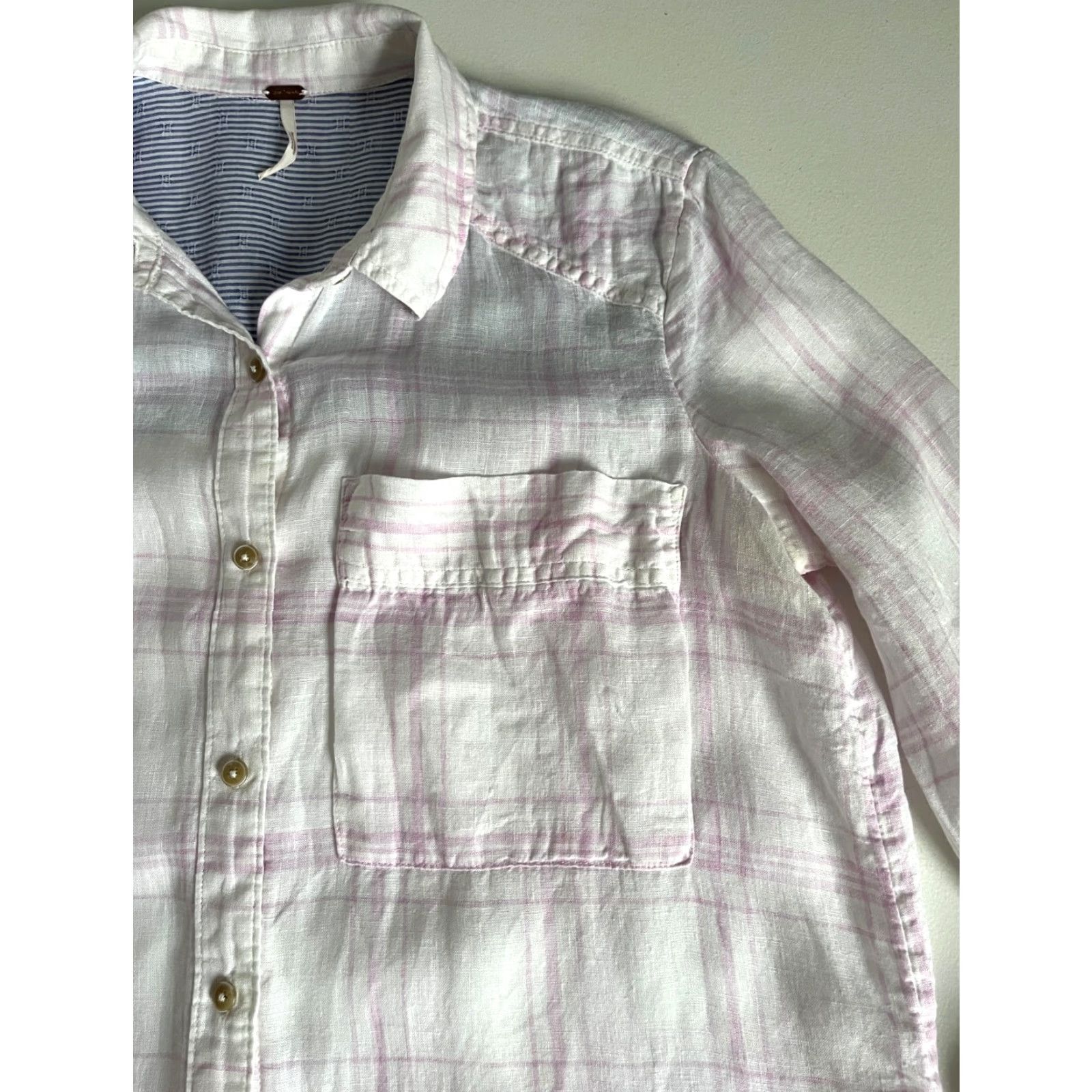 Free People VINTAGE Women's Free People No Limits Oversized Button-Up Linen Shirt Plaid XS White Pink Bohemian City Classic Casual 90s Mens Womens Girls Boys Size XS / US 0-2 / IT 36-38 - 5 Thumbnail