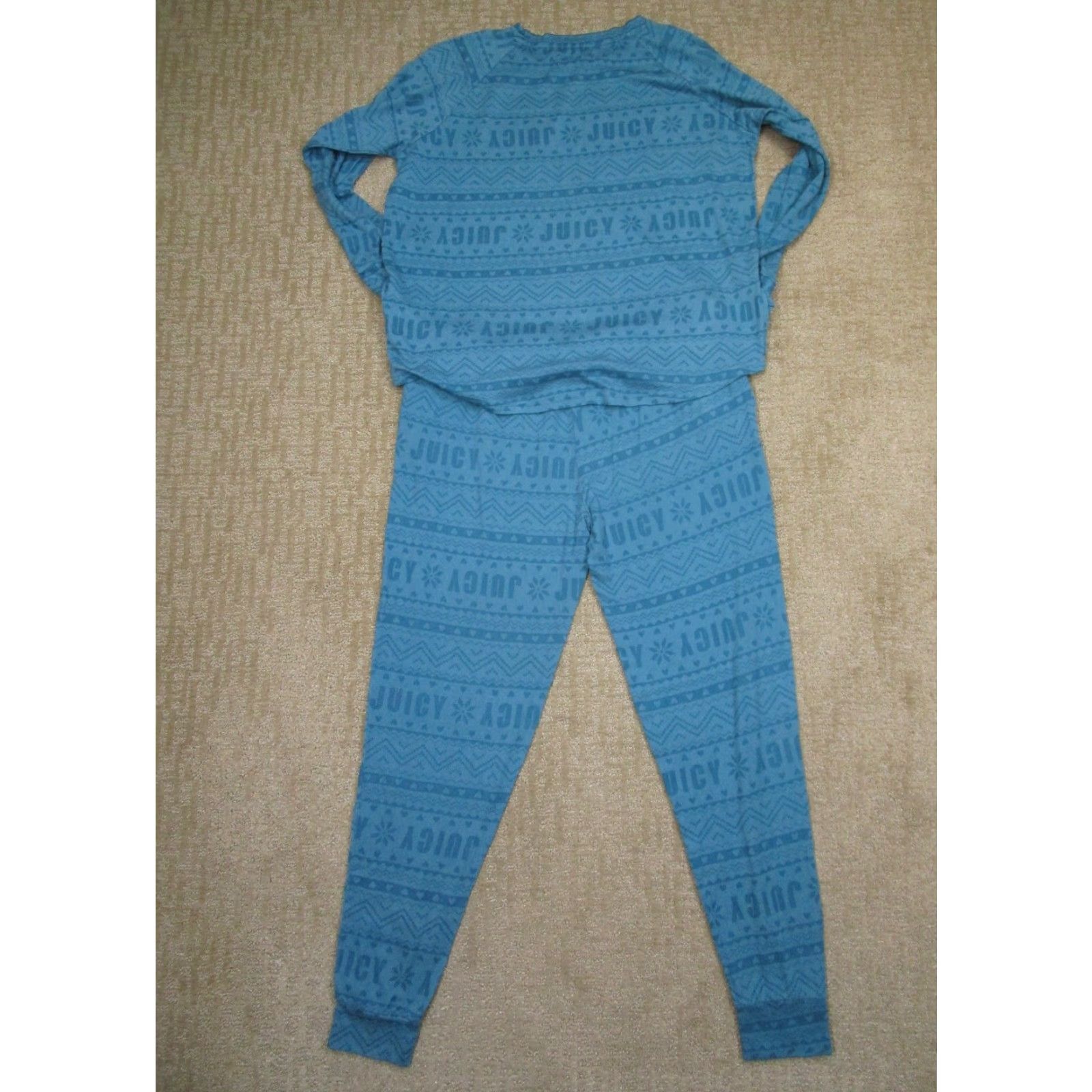 Juicy Couture Juicy Couture Pajama Set Women L Geometric Aztec Blue, Sleepwear, Cotton Polyester Knit, Logo, Crew Drawstring, Machine Washable, Loungewear Pajamas Size ONE SIZE - 3 Thumbnail