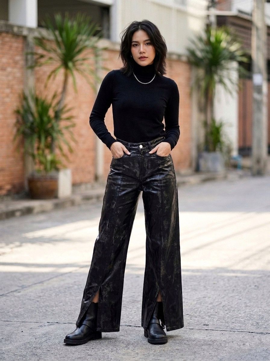 Zara Zara TRF Waxed Wide Leg Jeans with Split Hem y2k Size 28" / US 6 / IT 42 - 2 Thumbnail
