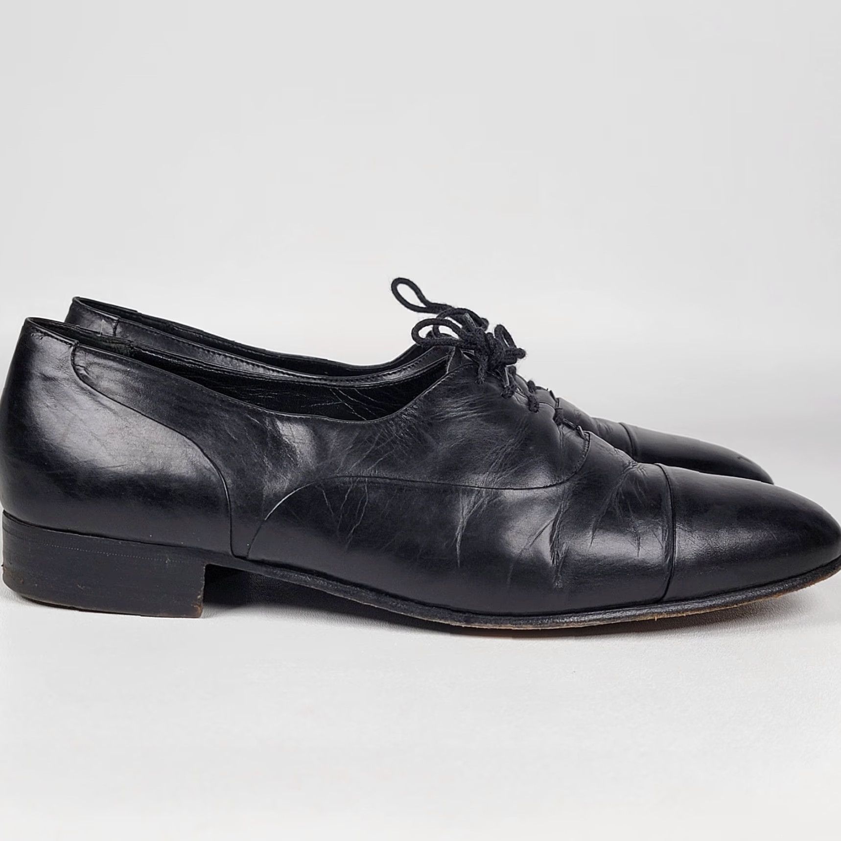 Vintage VINTAGE French Shriner Mens Dress Oxford Shoes Black Leather Cap Toe M Sterling 10.5 Leather Lining Lace Up Almond Toe Shoes Mens Size ONE SIZE - 2 Thumbnail