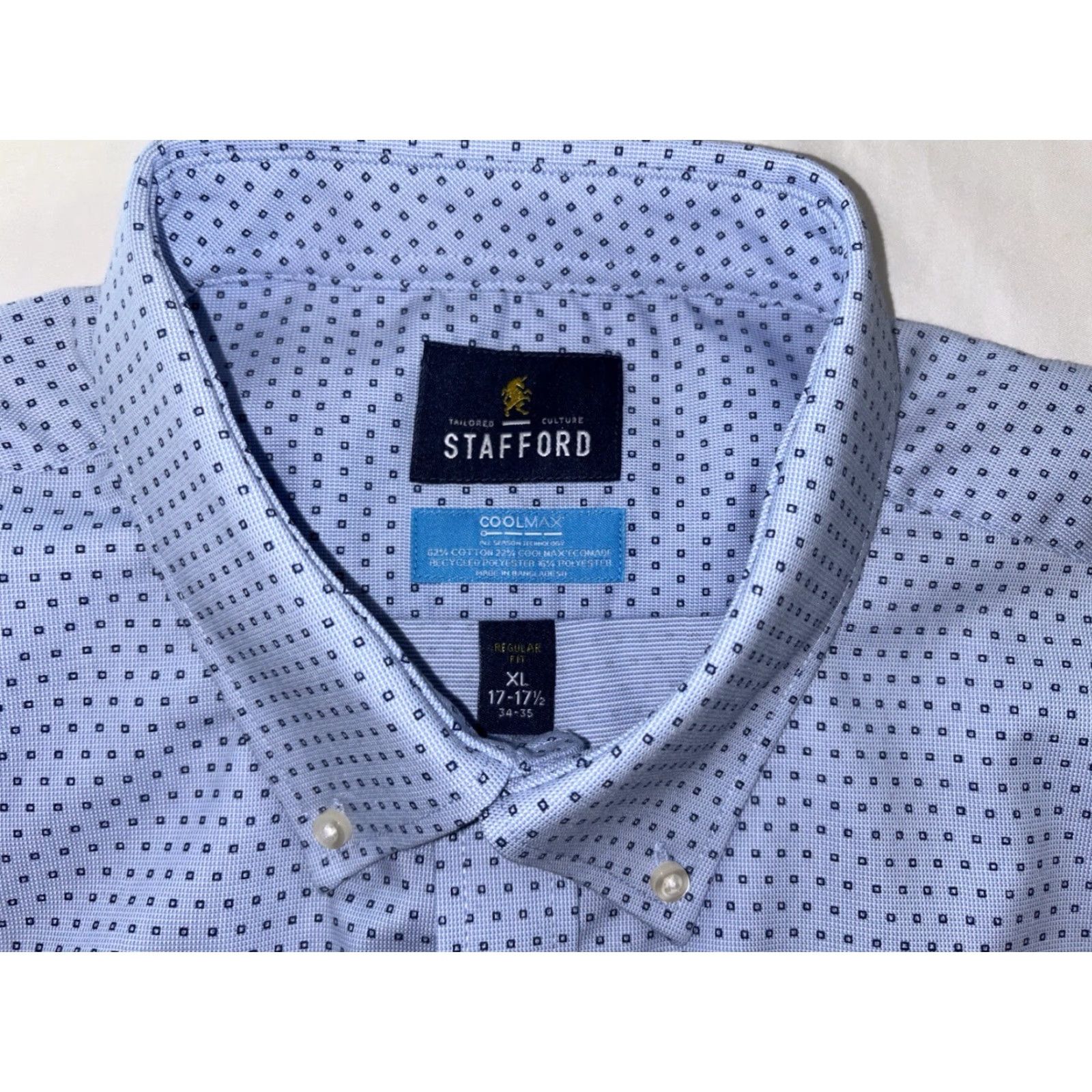 STAFFORD Cool Max Dress Shirt Mens XL 17 17.5 Blue White Geometric Long Sleeve Tailored