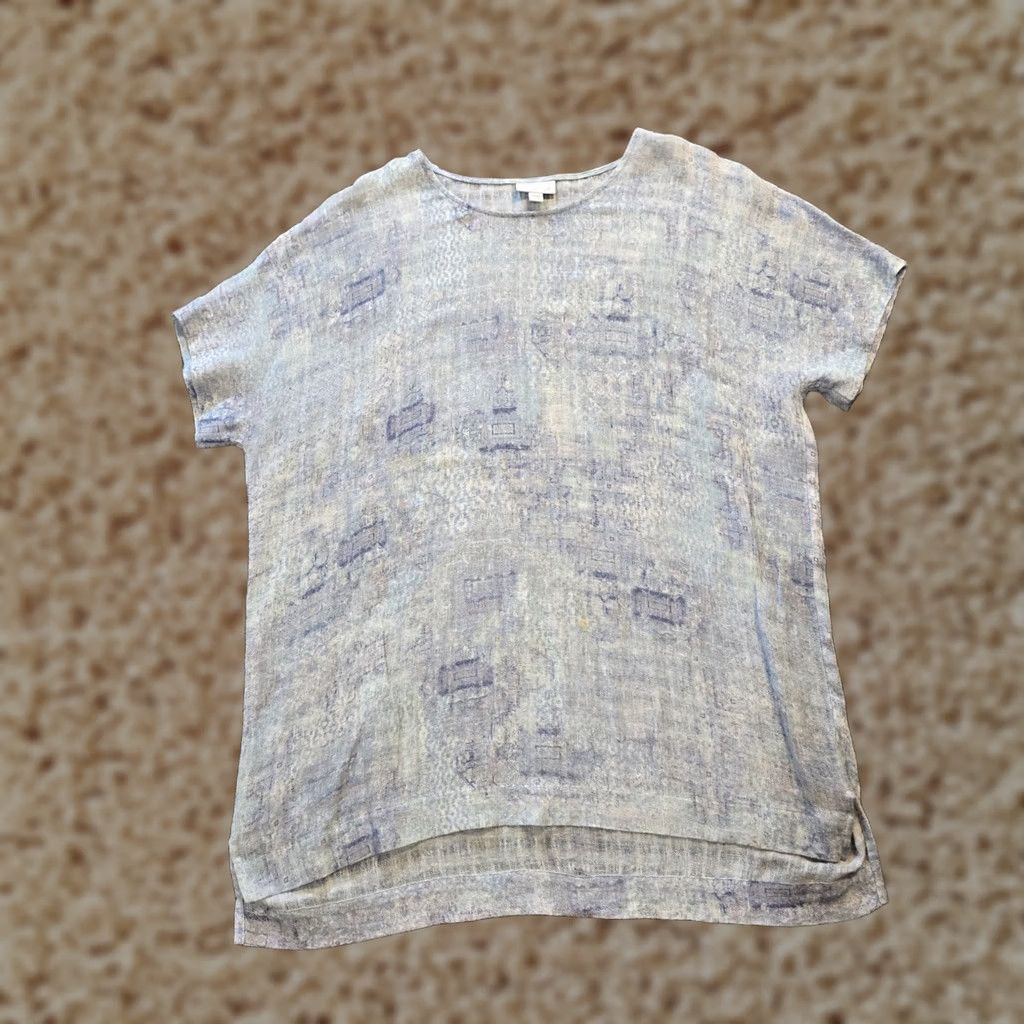 J. Jill J Jill Top Womens Large Purple Linen Blend Watercolor Short Sleeve Sheer Casual Shirt Size L / US 10 / IT 46 - 1 Thumbnail