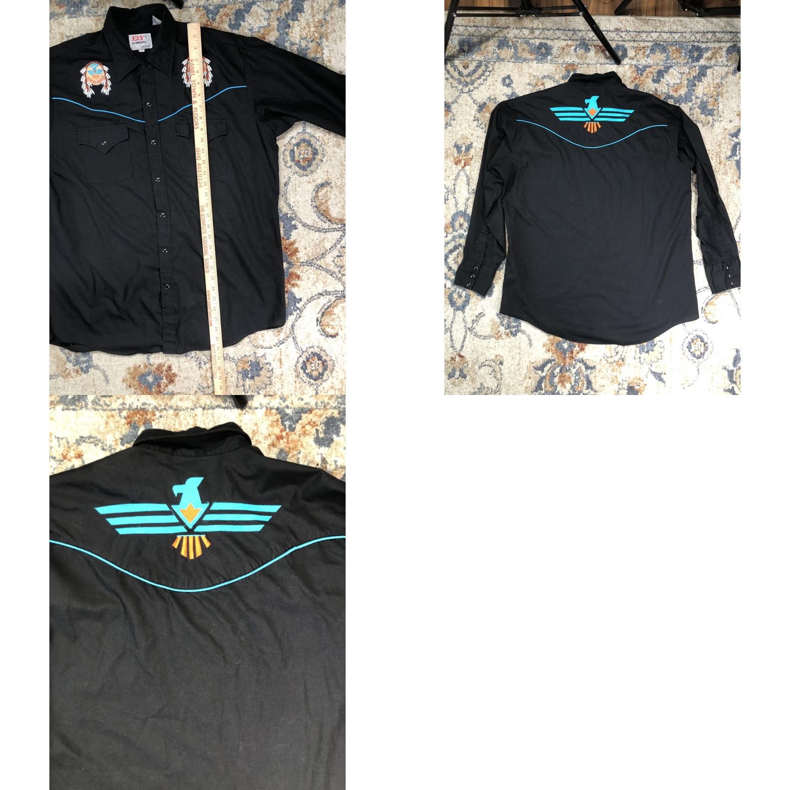 Vintage Ely Diamond Shirt Mens Large Black Western Pearl Snap Long Sleeve Thunderbird Size US L / EU 52-54 / 3 - 8 Thumbnail
