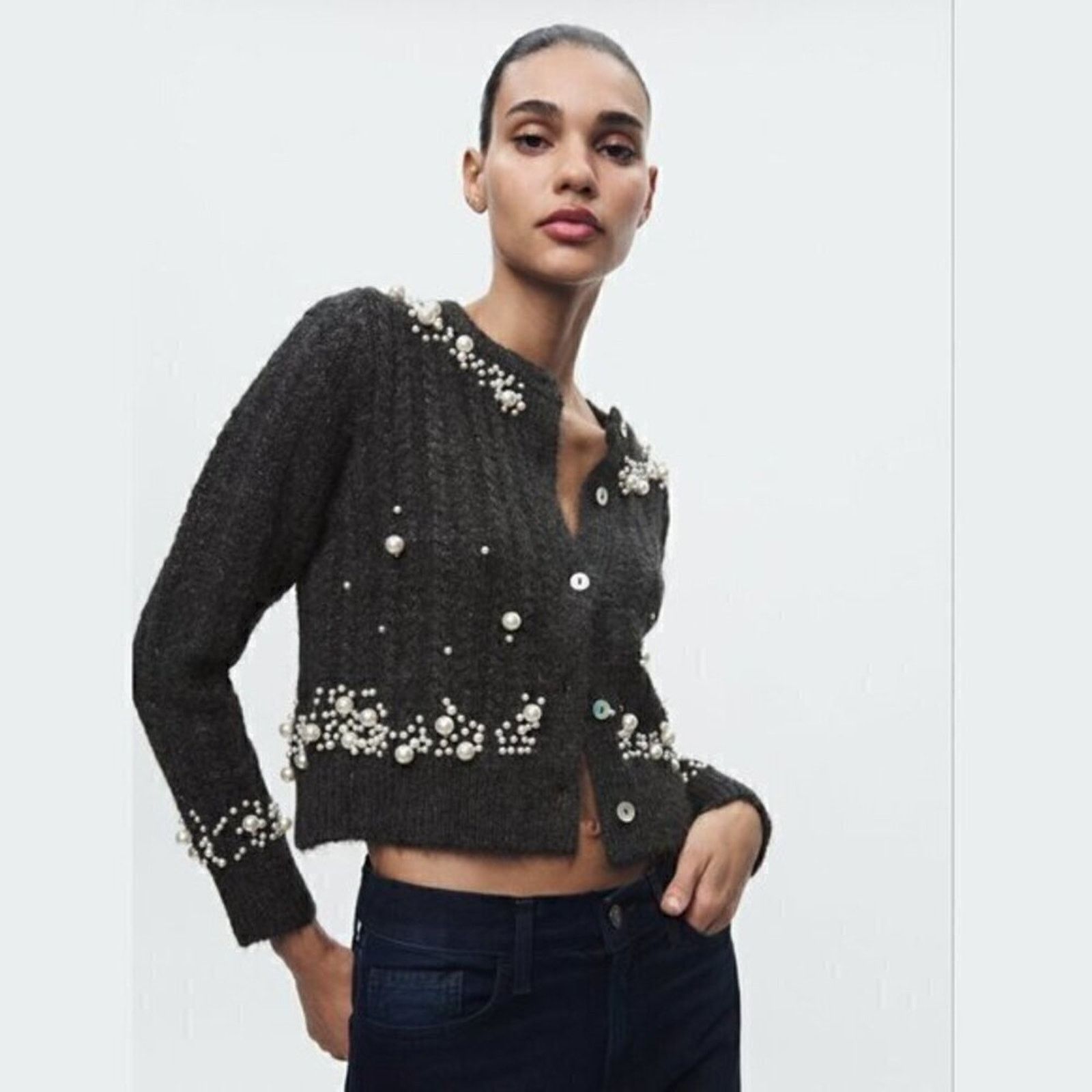 Zara ZARA Pearl Wool-Blend Cardigan Gray NWT L Size L / US 10 / IT 46 - 8 Thumbnail