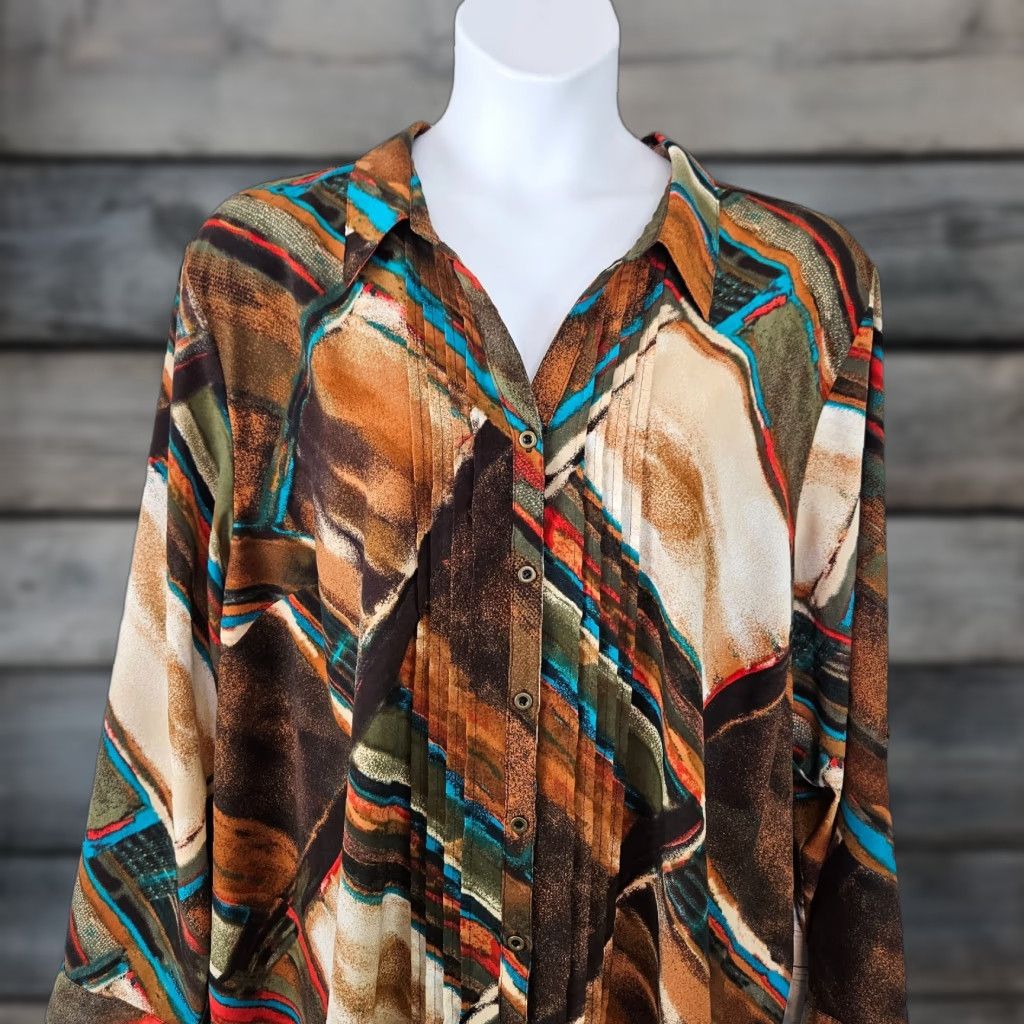 Vintage Catherines Button-Front Top Shirt Womens 3X Brown Blue Long Sleeve Pintuck Collared Button-Up Size XXL / US 16-18 / IT 52-54 - 1 Thumbnail