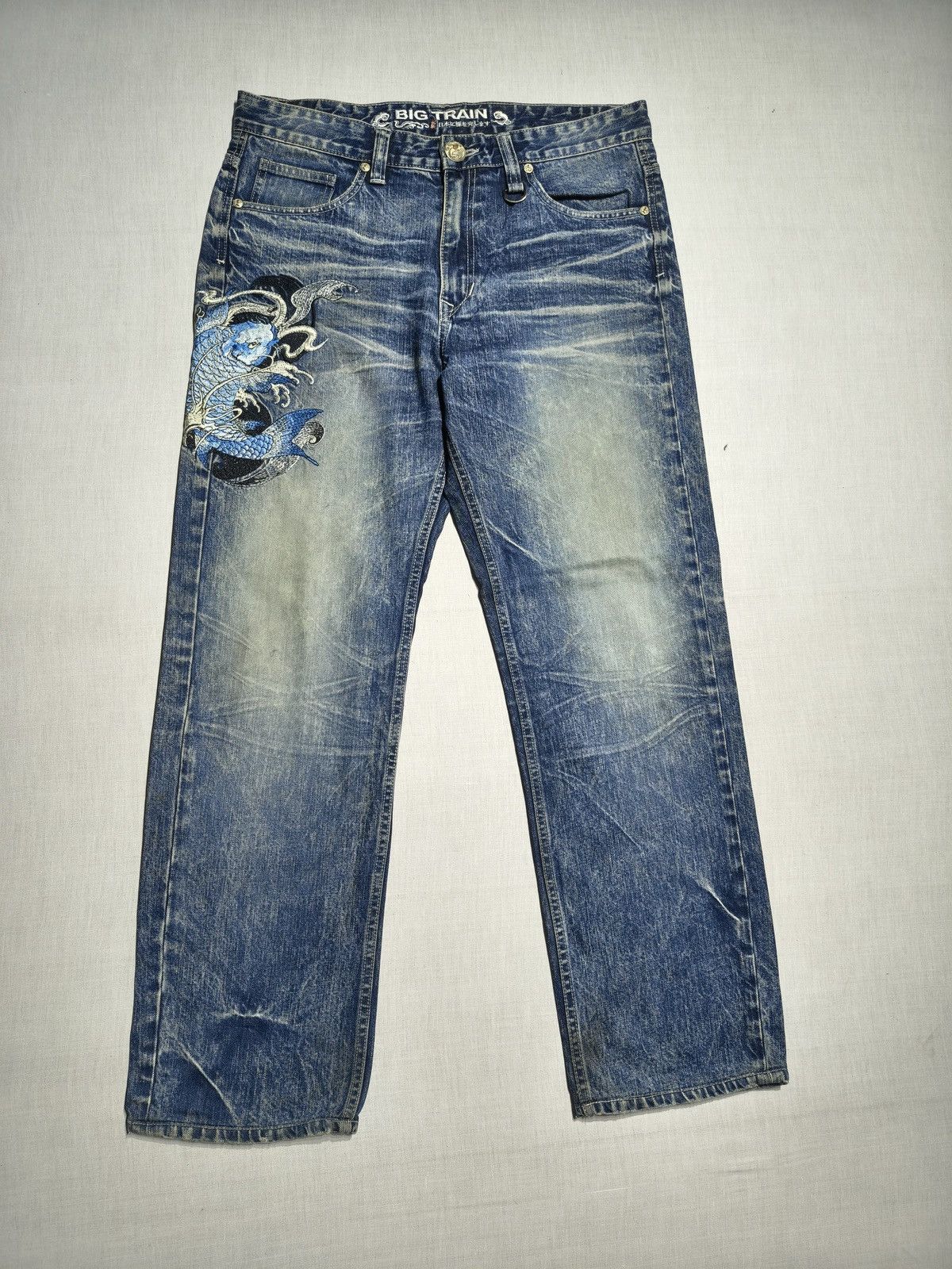 Japanese Brand Vintage Big Train Koi Fish Embroidered Denim Y2K 🐟(046) Size US 36 / EU 52 - 2 Thumbnail